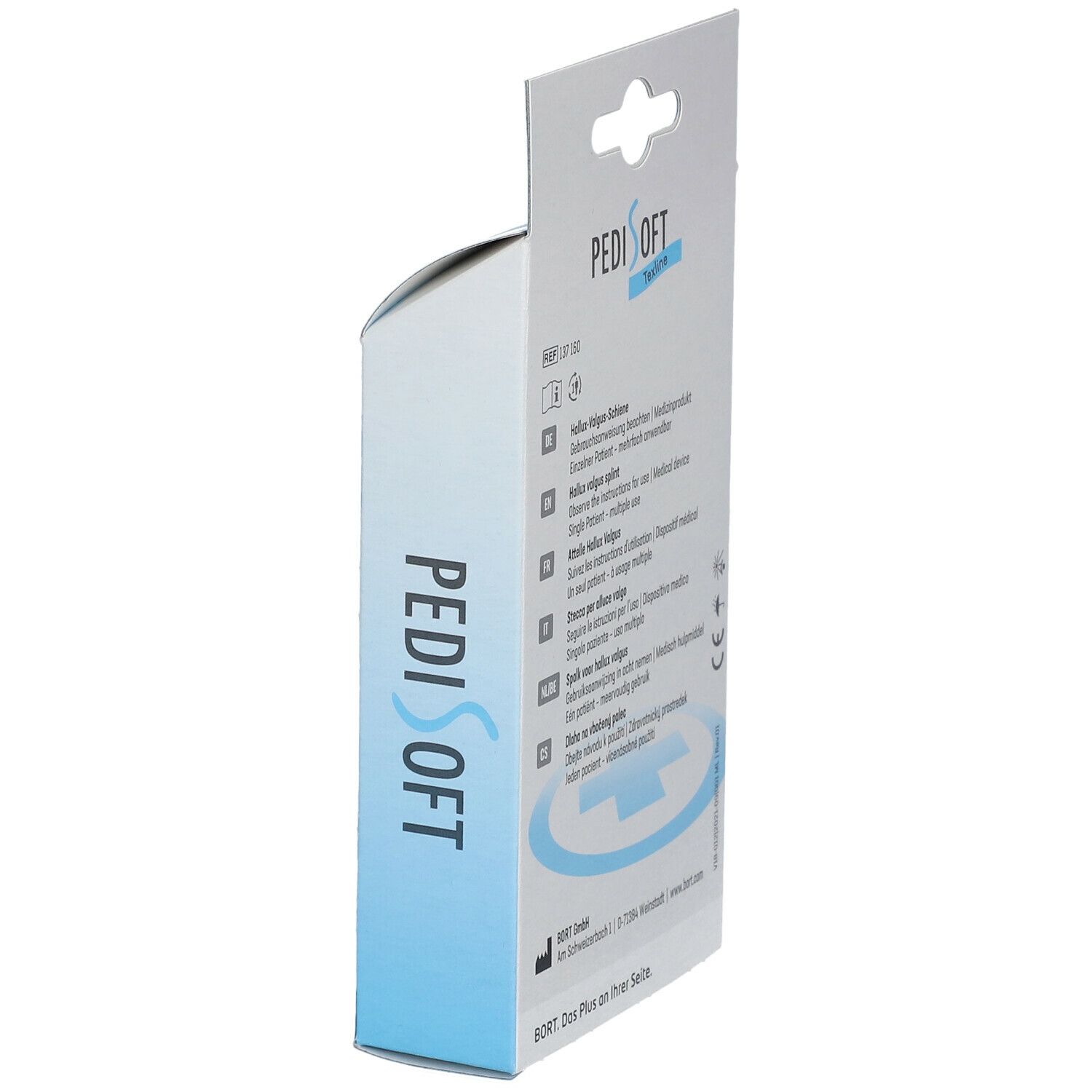 PediSoft Verpackung, Seitenansicht. Logo und Text. Medizinprodukt.