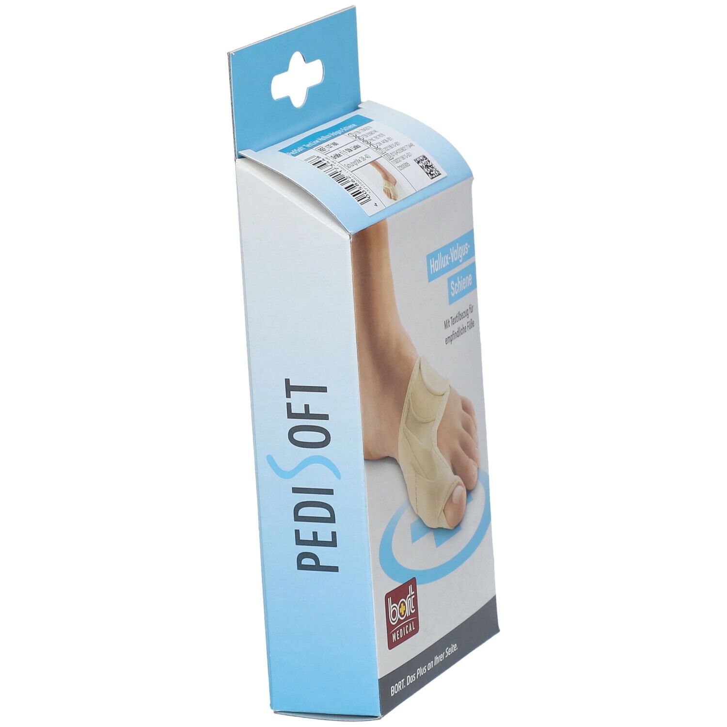 Seitenansicht der Verpackung der Bort PediSoft Hallux-Valgus-Schiene. Logo: PediSoft und bort MEDICAL.