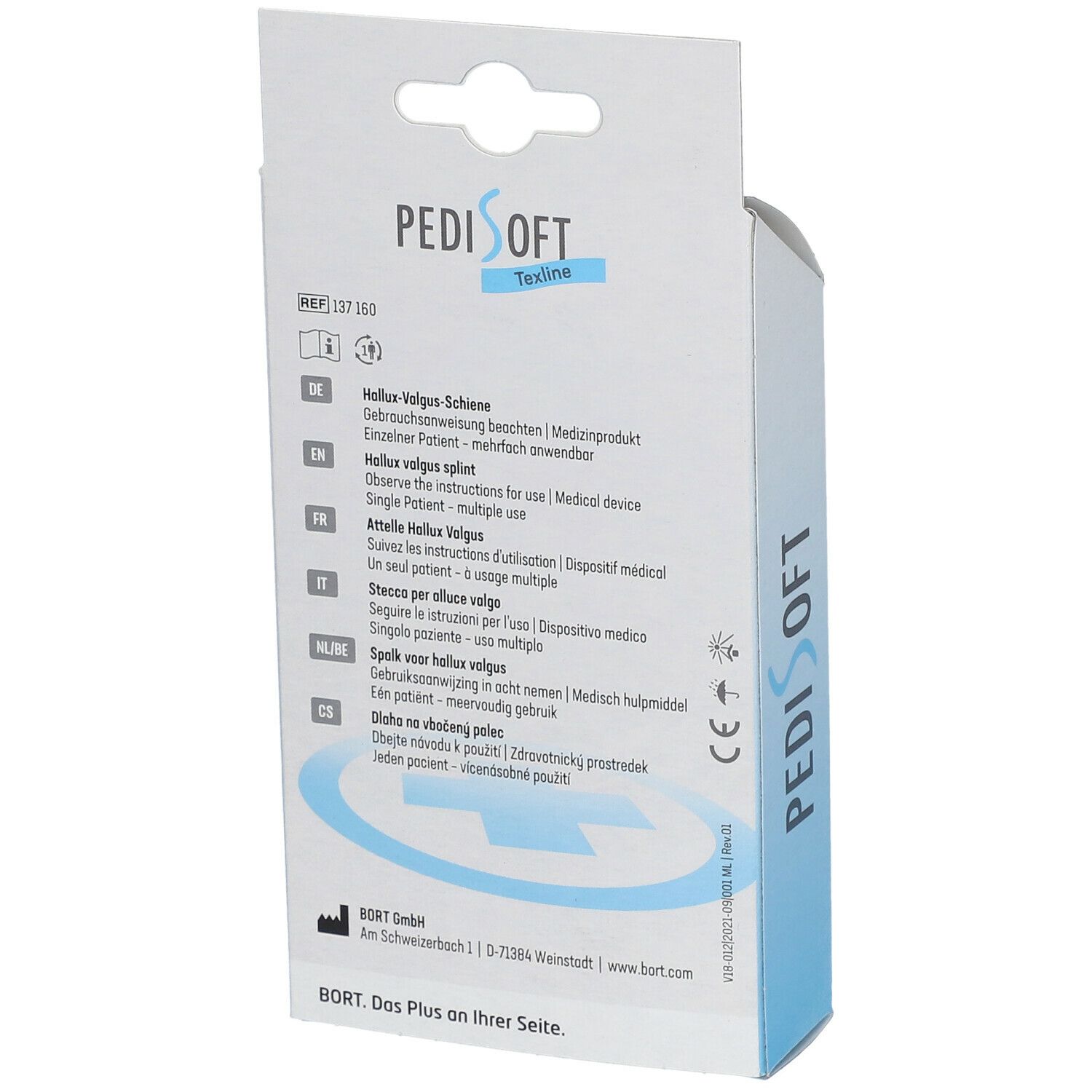 Rückseite der Verpackung der Bort PediSoft Hallux-Valgus-Schiene. Text in mehreren Sprachen. Logo: PediSoft.