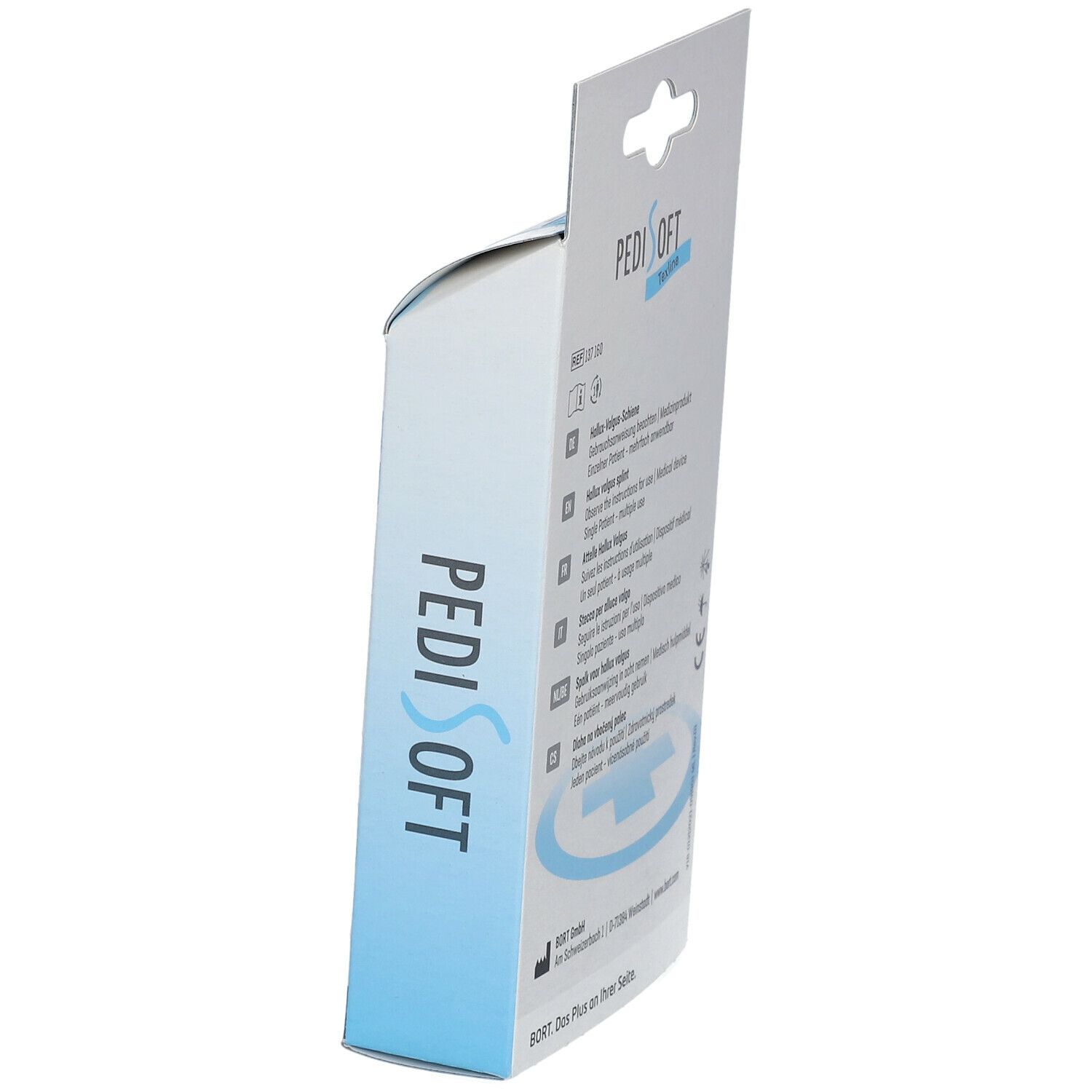 Seitenansicht der Verpackung der Bort PediSoft Hallux-Valgus-Schiene. Logo: PediSoft.