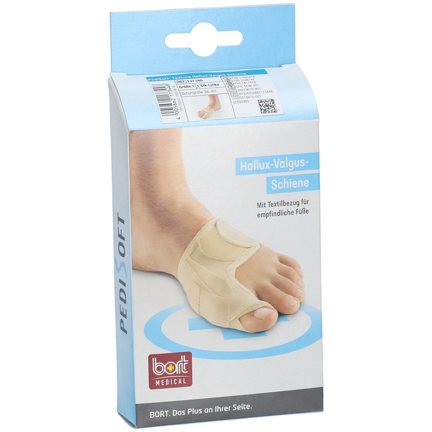 Verpackung der Bort PediSoft Hallux-Valgus-Schiene. Zeigt ein Fußmodell mit Schiene. Logo: bort MEDICAL.