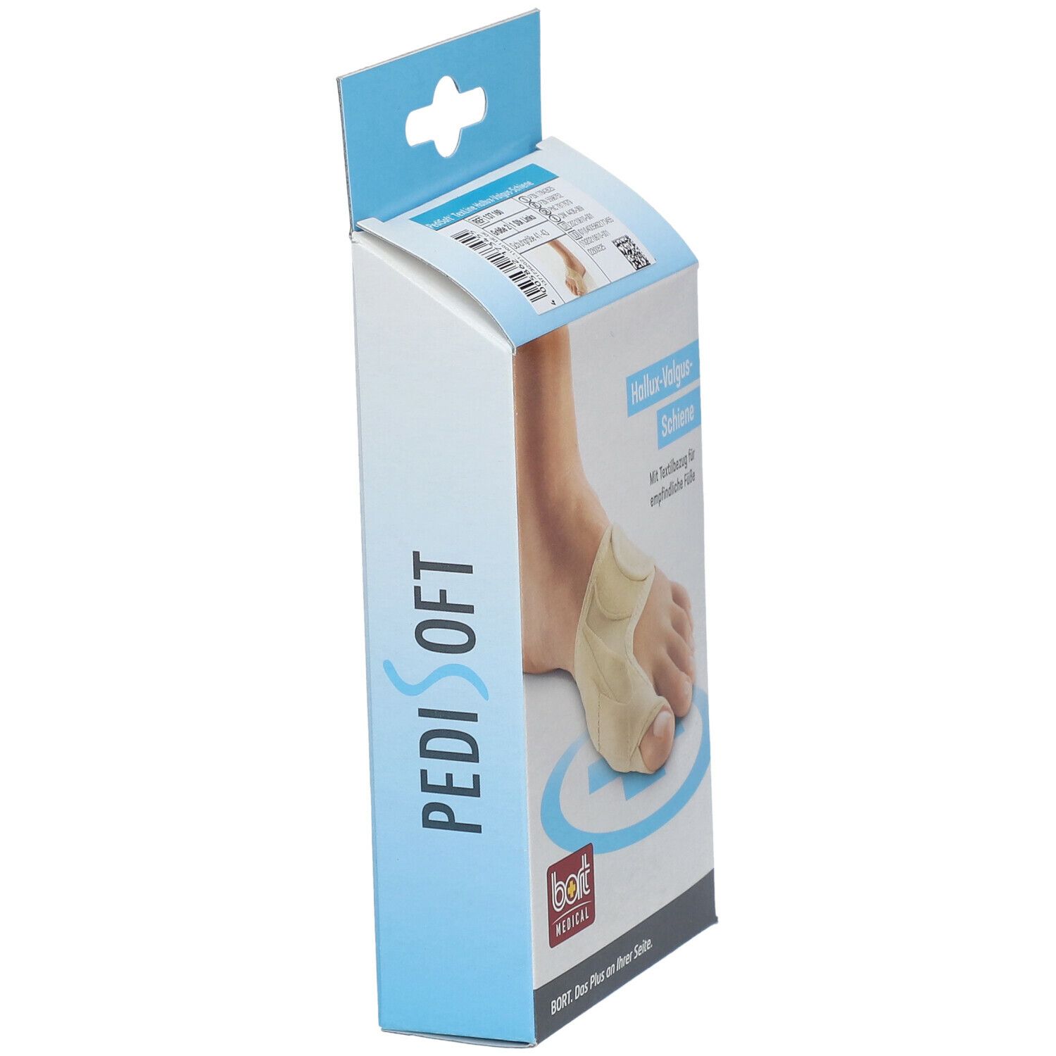 Verpackung der Hallux-Valgus-Schiene. PediSoft-Logo. Fuß mit Schiene abgebildet. Bort Medical Logo.