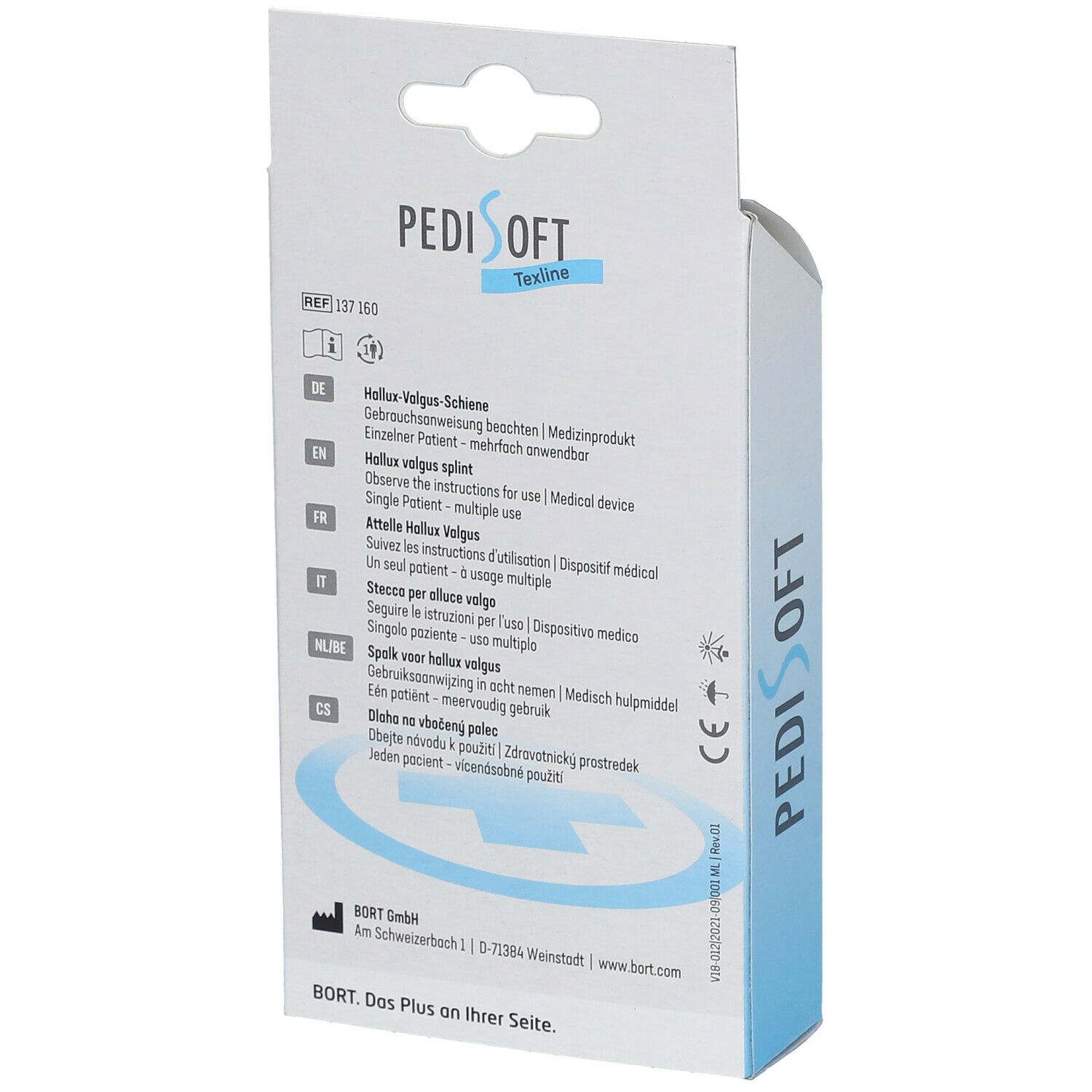 Rückseite der Verpackung. Textinformationen in verschiedenen Sprachen. PediSoft-Logo. Bort Medical Logo.
