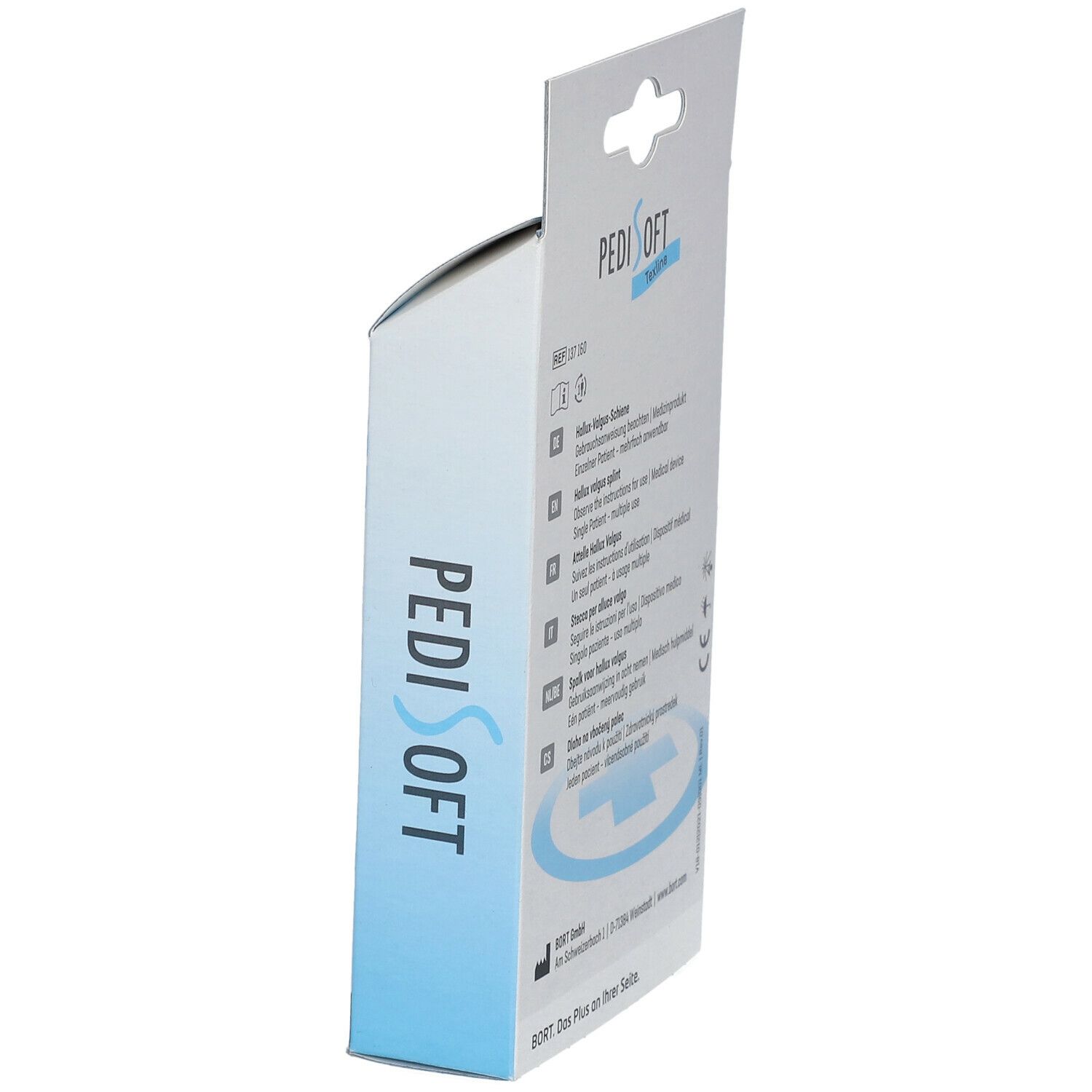 Seitenansicht der Verpackung. PediSoft-Logo. Textinformationen. Medizinprodukt-Symbol.