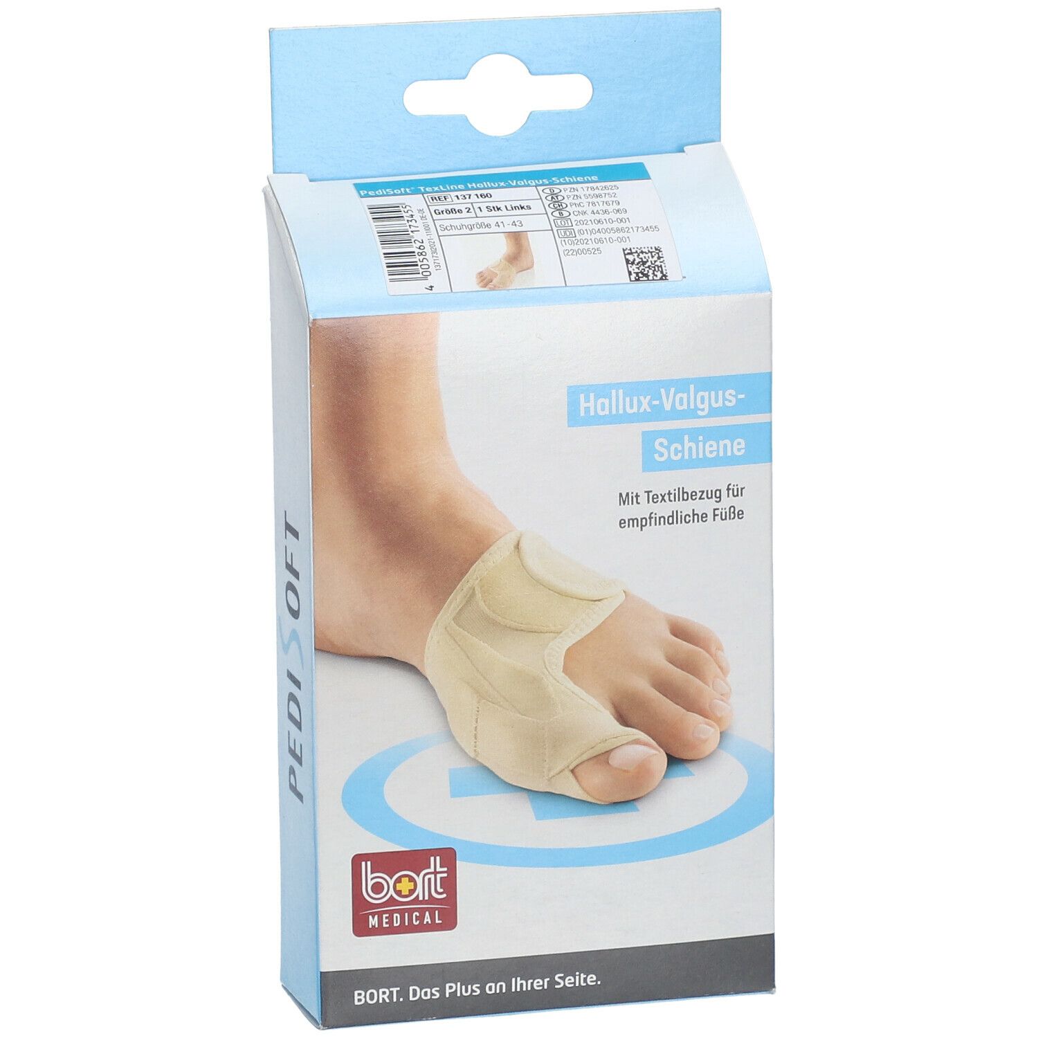 Hallux-Valgus-Schiene auf Fuß, in Verpackung. Beige Textilbezug. PediSoft und Bort Medical Logo.