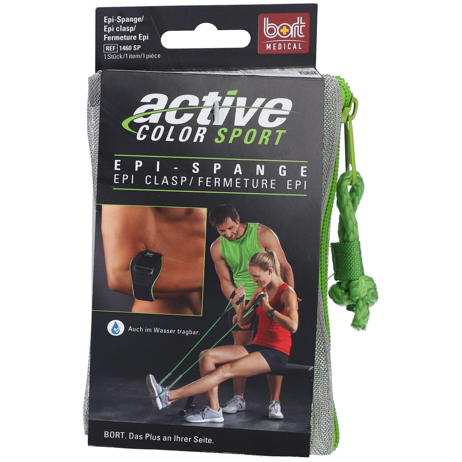 Verpackung mit Epi-Spange. Produktname: ActiveColor Sport. Grün-graue Tasche mit Kordel. Abbildung einer Person mit Spange am Ellenbogen.