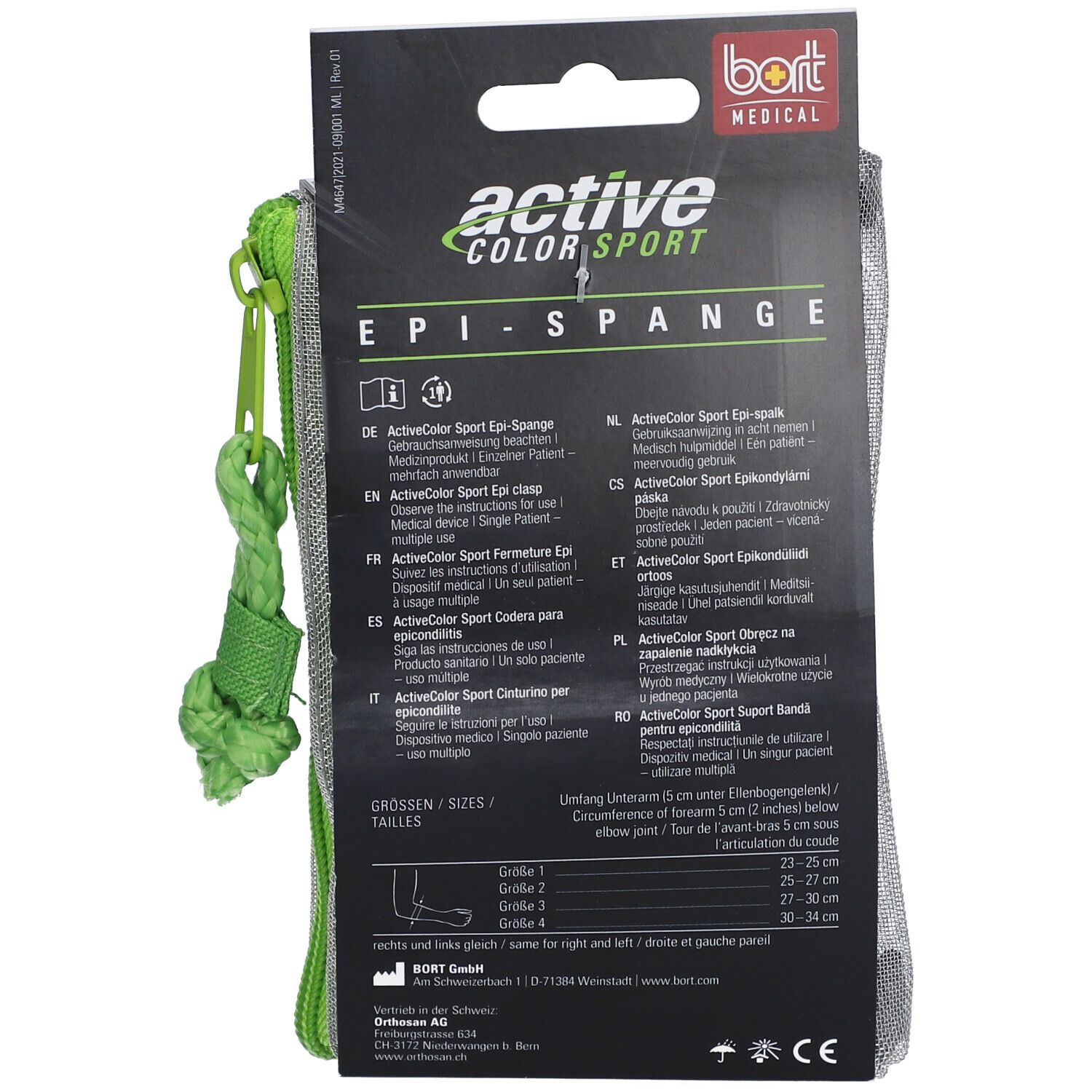 Rückseite der Verpackung der Epi-Spange. Produktname: ActiveColor Sport. Text in mehreren Sprachen. Größenangaben.
