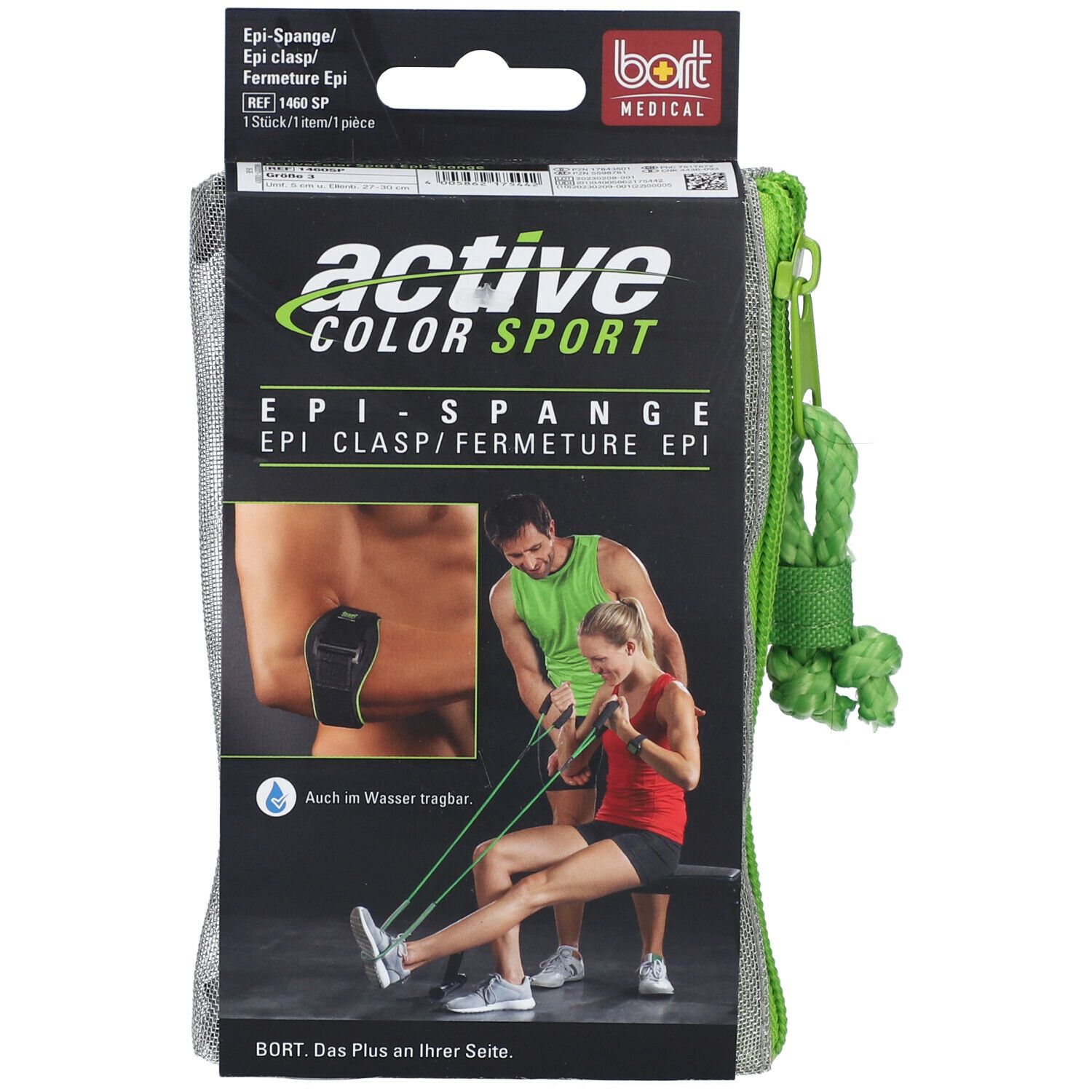 Bort ActiveColor Sport Epi-Spange. Schwarz-grüne Bandage in Verpackung. Produktabbildung mit Anwendungsbeispiel. Bort Medical Logo.