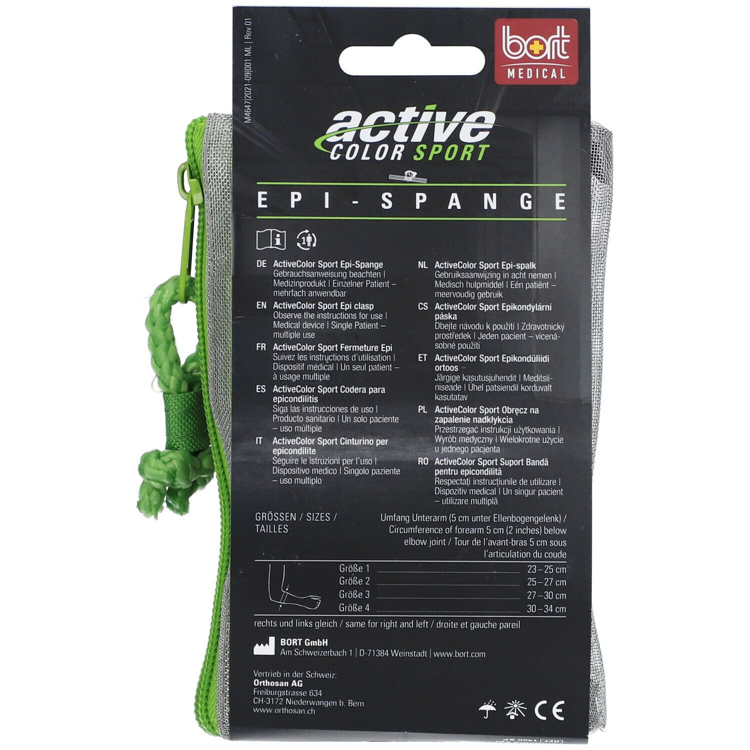 Rückseite der Bort ActiveColor Sport Epi-Spange Verpackung. Produktinformationen in mehreren Sprachen. Größenangaben. Bort Medical Logo.