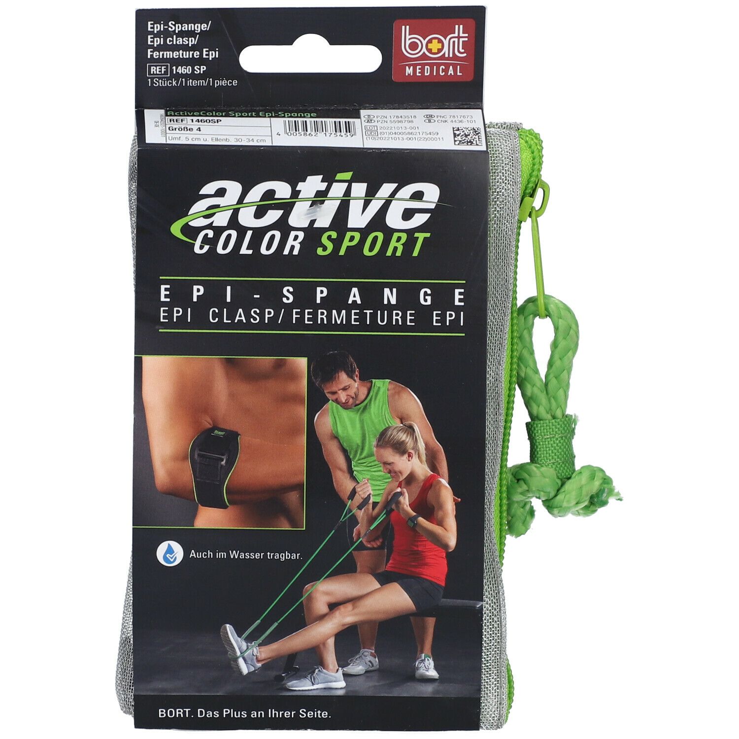 Bort ActiveColor Sport Epi-Spange, Größe 4, in Verpackung. Grün-schwarze Bandage mit Klettverschluss. Illustration: Anwendung am Arm.