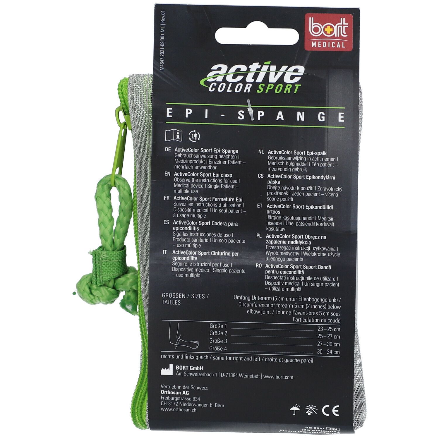 Rückseite der Verpackung der Bort ActiveColor Sport Epi-Spange. Größenangaben: 30-34 cm. Produktinformationen in mehreren Sprachen.