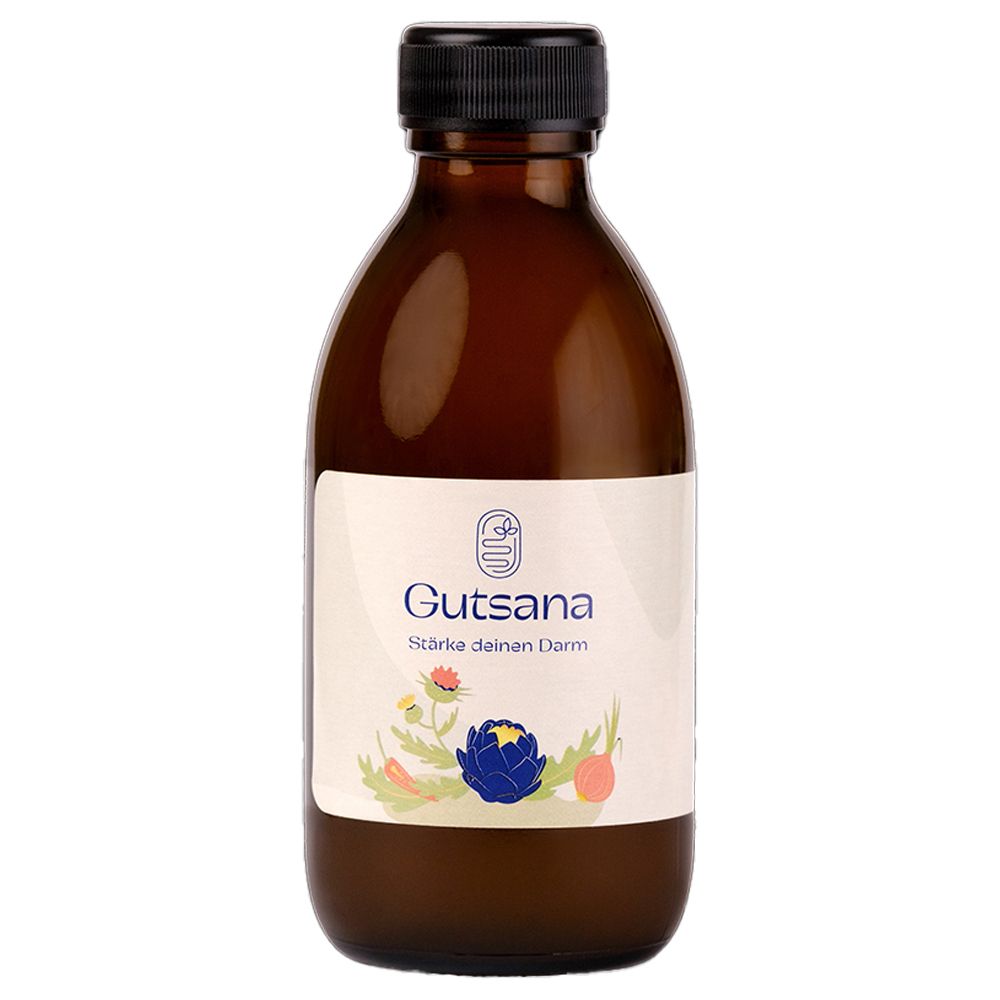 Braune Glasflasche mit schwarzem Deckel. Etikett mit Produktnamen und Illustrationen von Pflanzen. Aufschrift: Stärke deinen Darm.