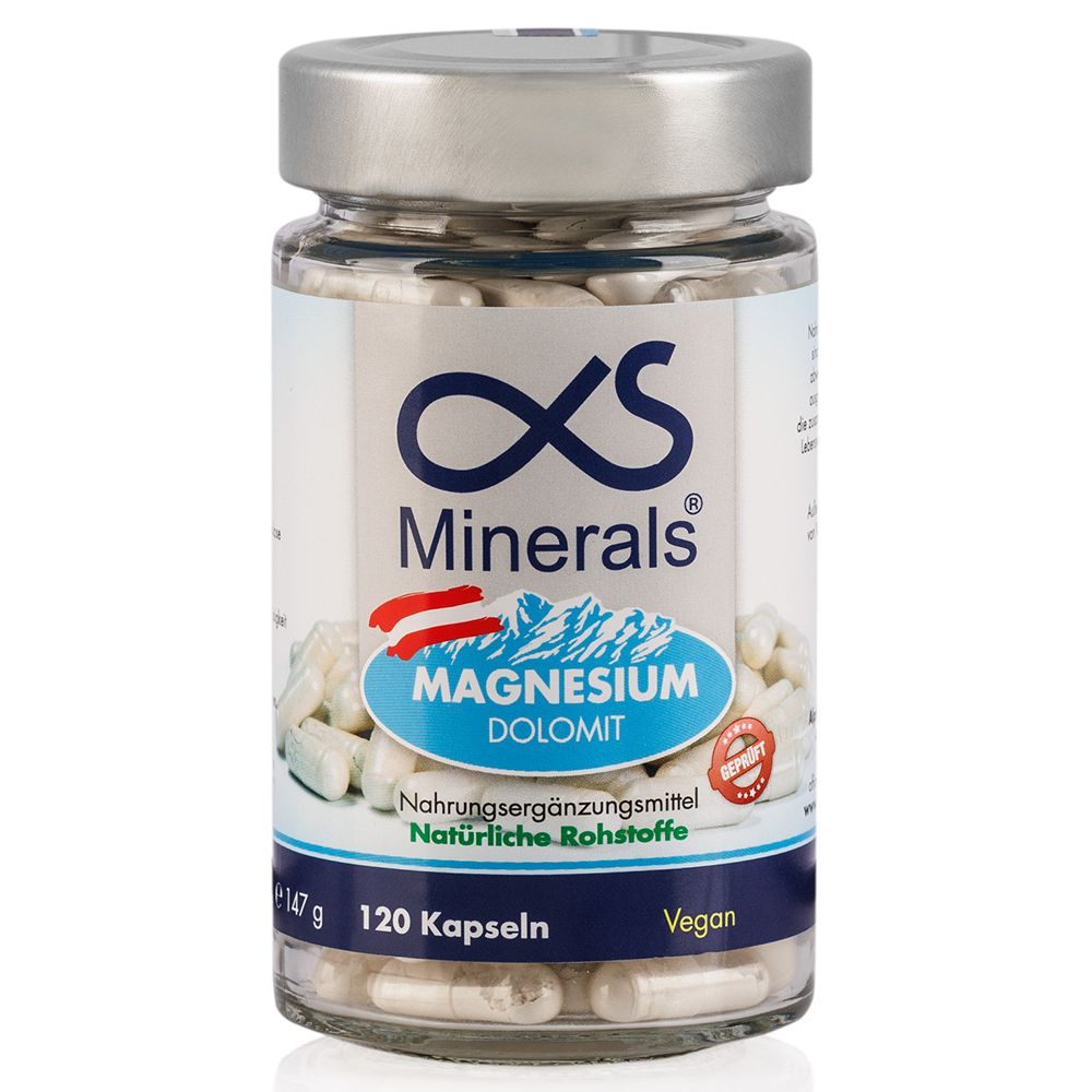 Glasflasche mit Kapseln. Aufschrift: AlphaS Minerals Magnesium Dolomit, 120 Kapseln, Vegan.