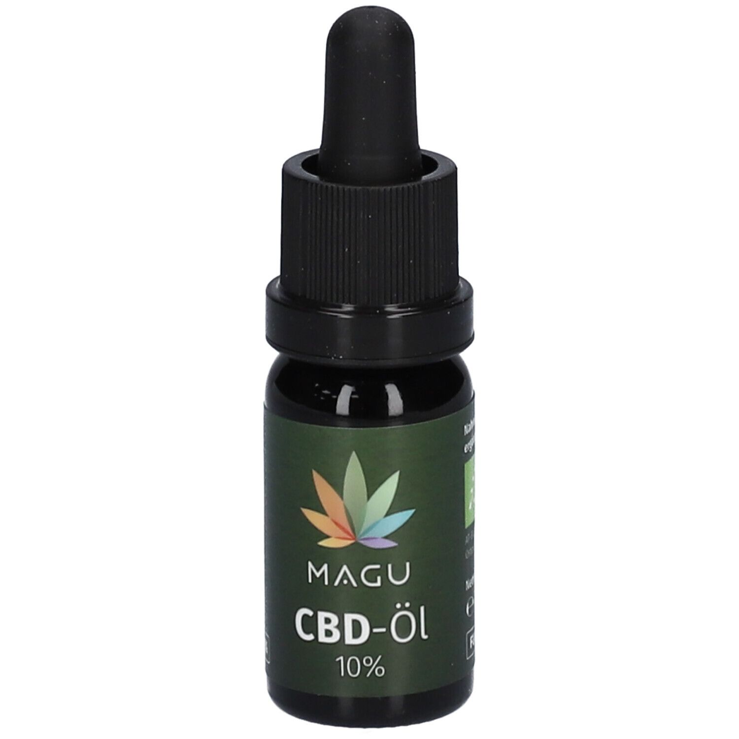 Braune Glasflasche mit schwarzem Tropfer. Aufschrift: MAGU CBD-Öl 10%. Grün-buntes Logo. Bio-Siegel.