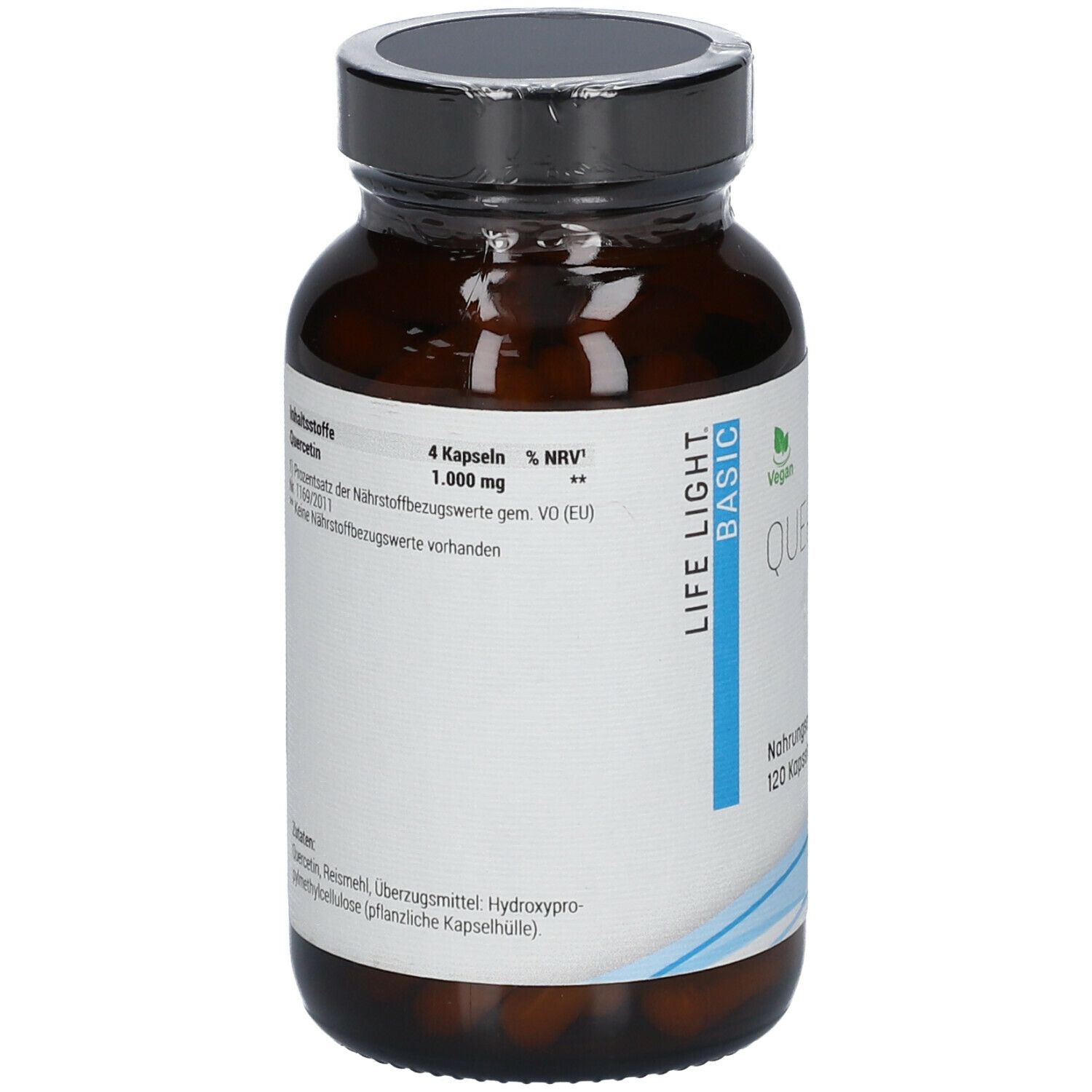 Flacon en verre brun avec gélules. Inscription: LIFE LIGHT BASIC, QUERCETIN. Informations sur les ingrédients et la valeur nutritionnelle.
