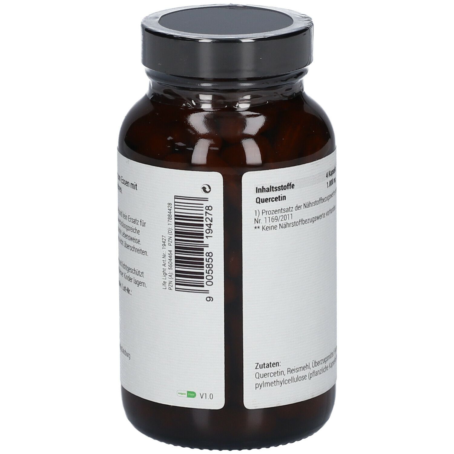 Flacon en verre brun avec gélules. Inscription: QUERCETIN. Code-barres et informations sur les ingrédients.
