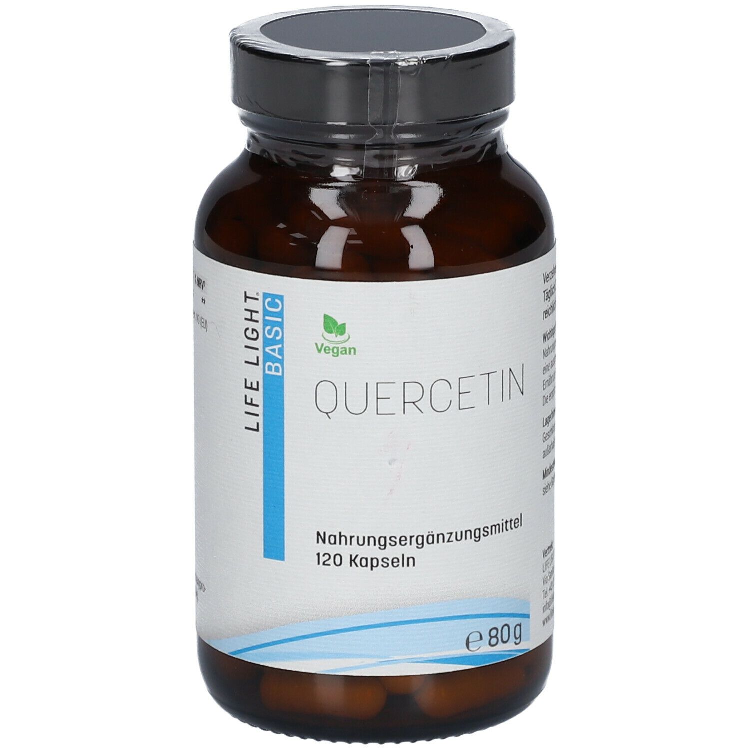 Flacon en verre brun avec gélules. Inscription: LIFE LIGHT BASIC, QUERCETIN, 120 gélules. Label vegan.