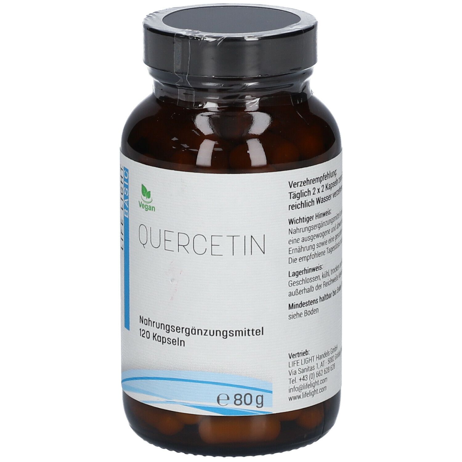 Flacon en verre brun avec gélules. Inscription: QUERCETIN, 120 gélules. Label vegan. Instructions de dosage.