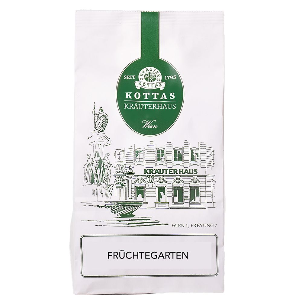 Weißer Beutel mit grünem Logo und Aufdruck. Text: KOTTAS KRÄUTERHAUS FRÜCHTEGARTEN. Abbildung eines Gebäudes.