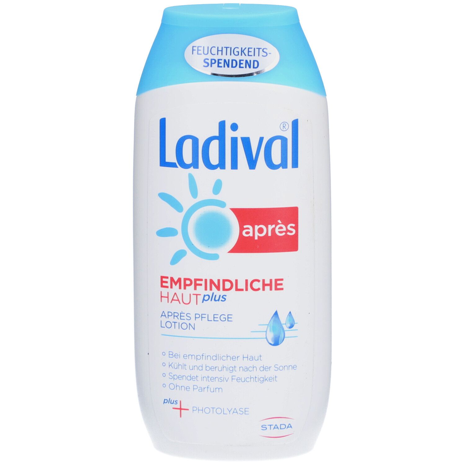 Ladival Après Lotion. Weiße Flasche mit blauem Deckel. Roter Schriftzug "après". Text: Empfindliche Haut plus Pflege Lotion.
