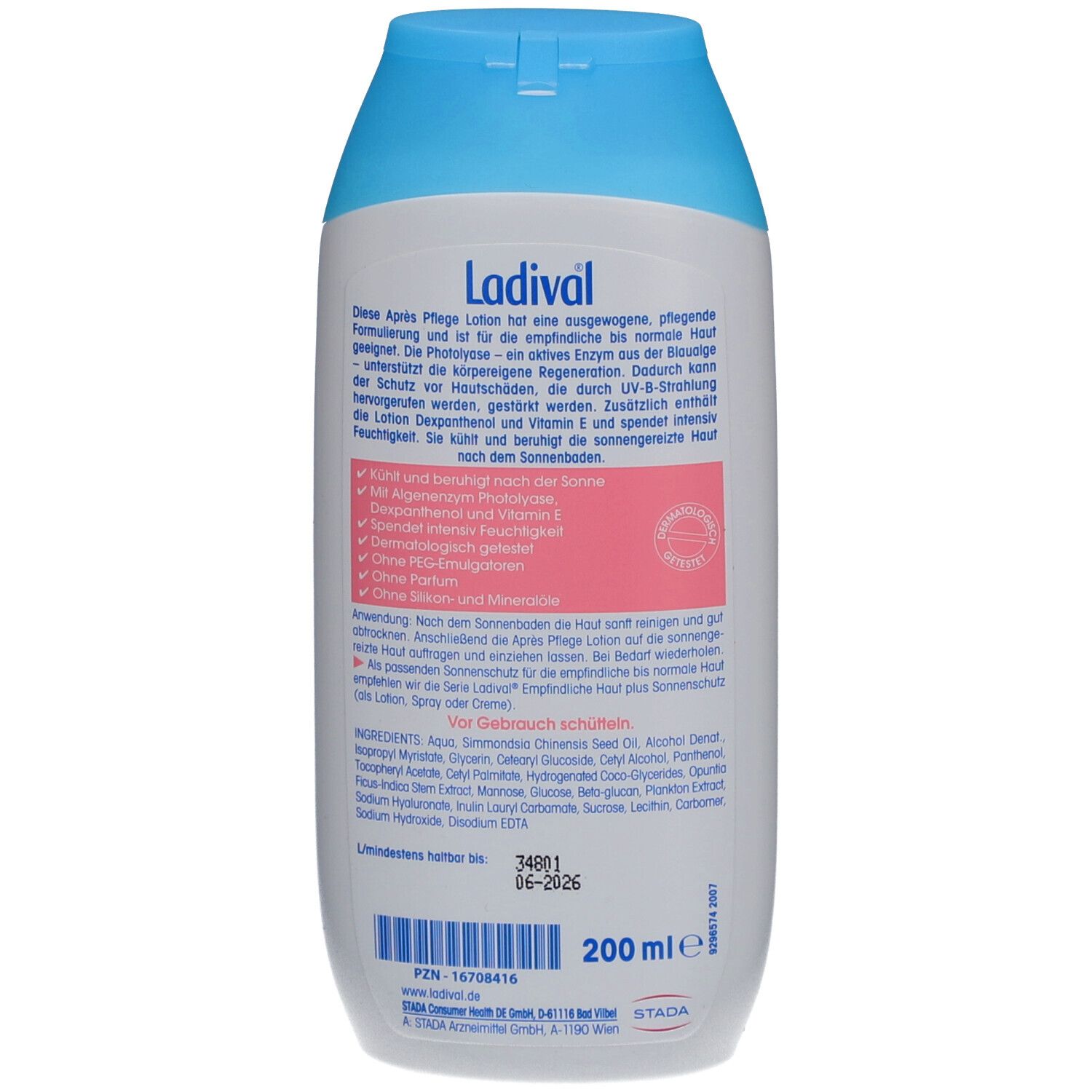 Rückseite der Ladival Après Lotion Flasche. Text und Inhaltsstoffe. Volumen: 200 ml. Produktions- und Verfallsdatum.