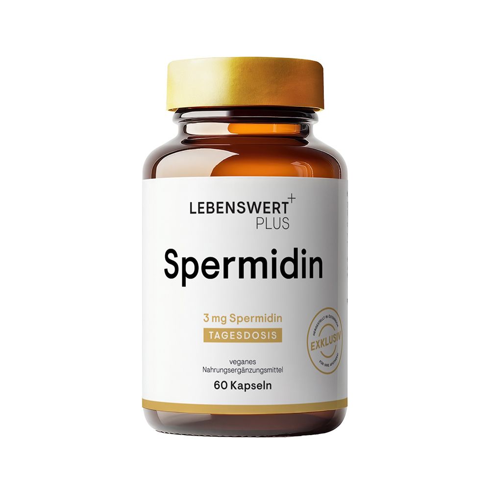 Braune Glasflasche mit weißem Etikett, das 'LEBENSWERT+ PLUS Spermidin 3 mg' zeigt. Enthält 60 Kapseln.