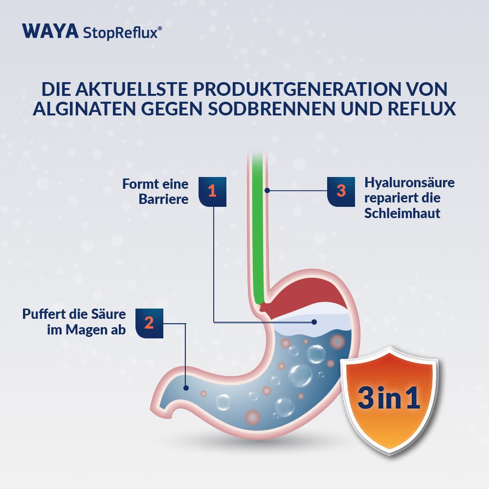 Grafik: Die aktuelle Produktgeneration von Alginaten gegen Sodbrennen und Reflux. 3in1-Funktion.