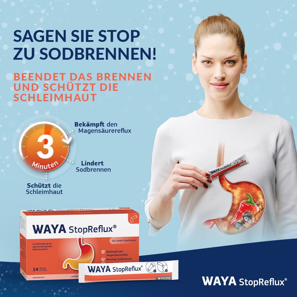 Frau hält WAYA StopReflux®-Beutel. Box und Beutel liegen daneben. Text: Sagen Sie STOP zu Sodbrennen!