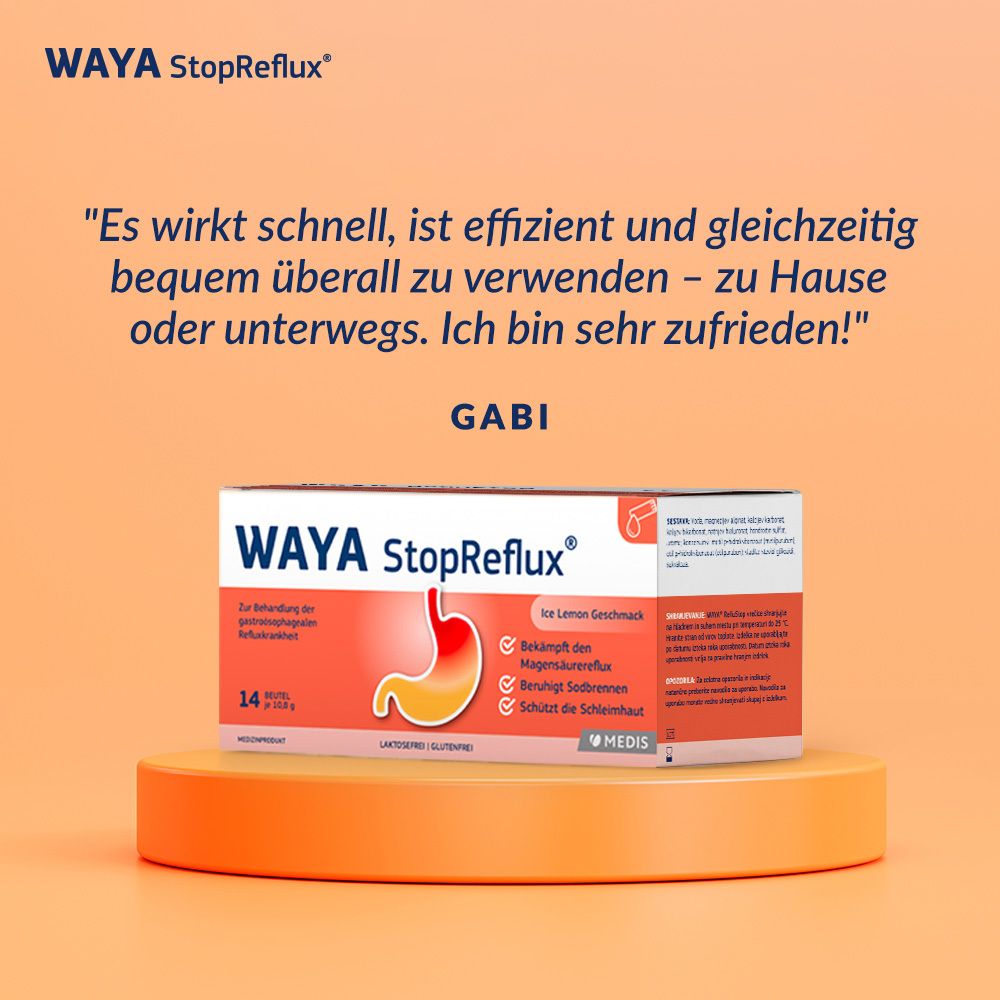 WAYA StopReflux®-Packung auf Podest. Zitat: Wirkt schnell, effizient und bequem. Gabi.