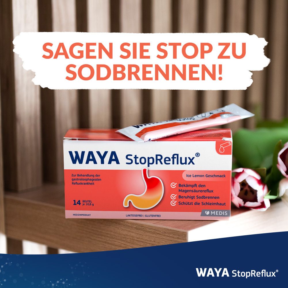 WAYA StopReflux®-Packung und Beutel. Text: Sagen Sie STOP zu Sodbrennen! Mit Blumen.