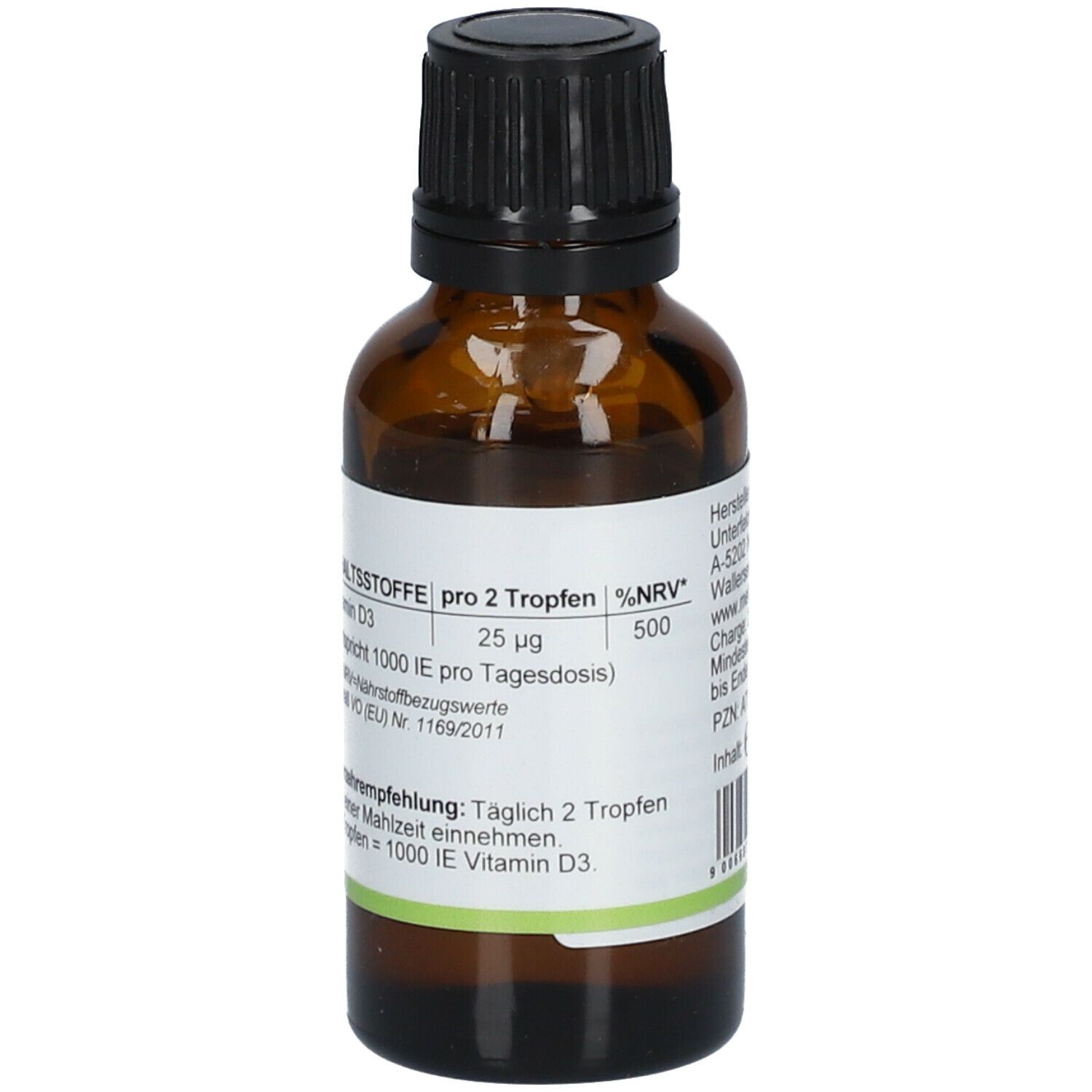 Flacon en verre brun avec bouchon noir. Étiquette blanche avec informations nutritionnelles pour 2 gouttes et %VNR.