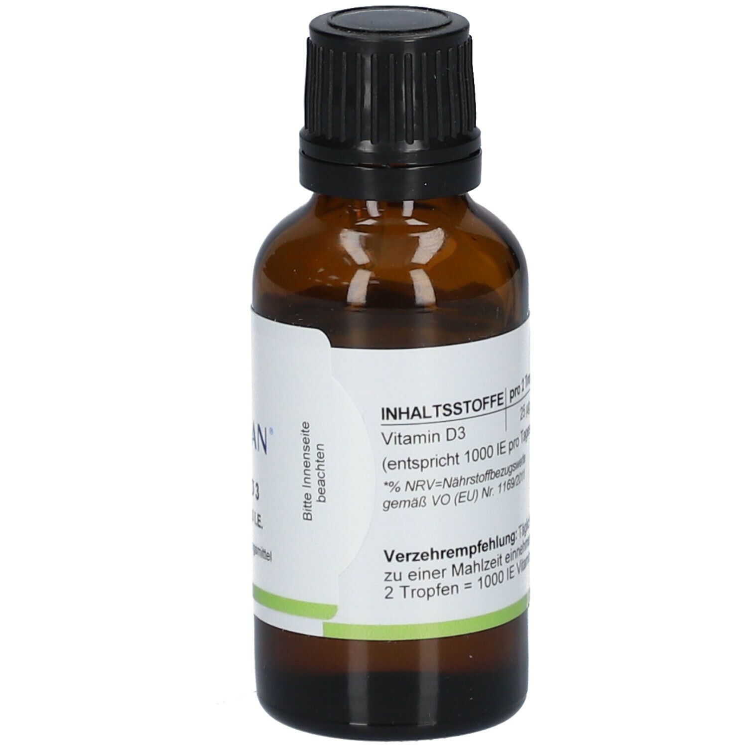 Flacon en verre brun avec bouchon noir. Étiquette blanche avec ingrédients, vitamine D3 et recommandation de consommation.