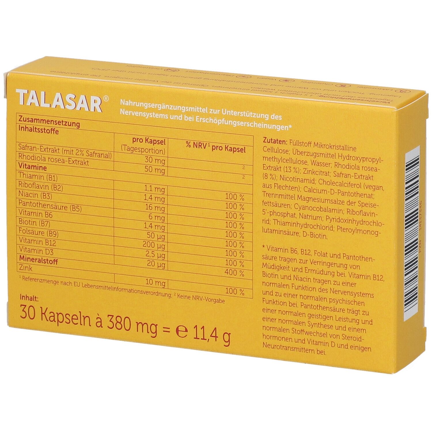 Gelbe Schachtel mit Inhaltsstoffangaben. Enthält 30 Kapseln à 380 mg = 11,4 g. Auflistung der Inhaltsstoffe und Nährwerte.