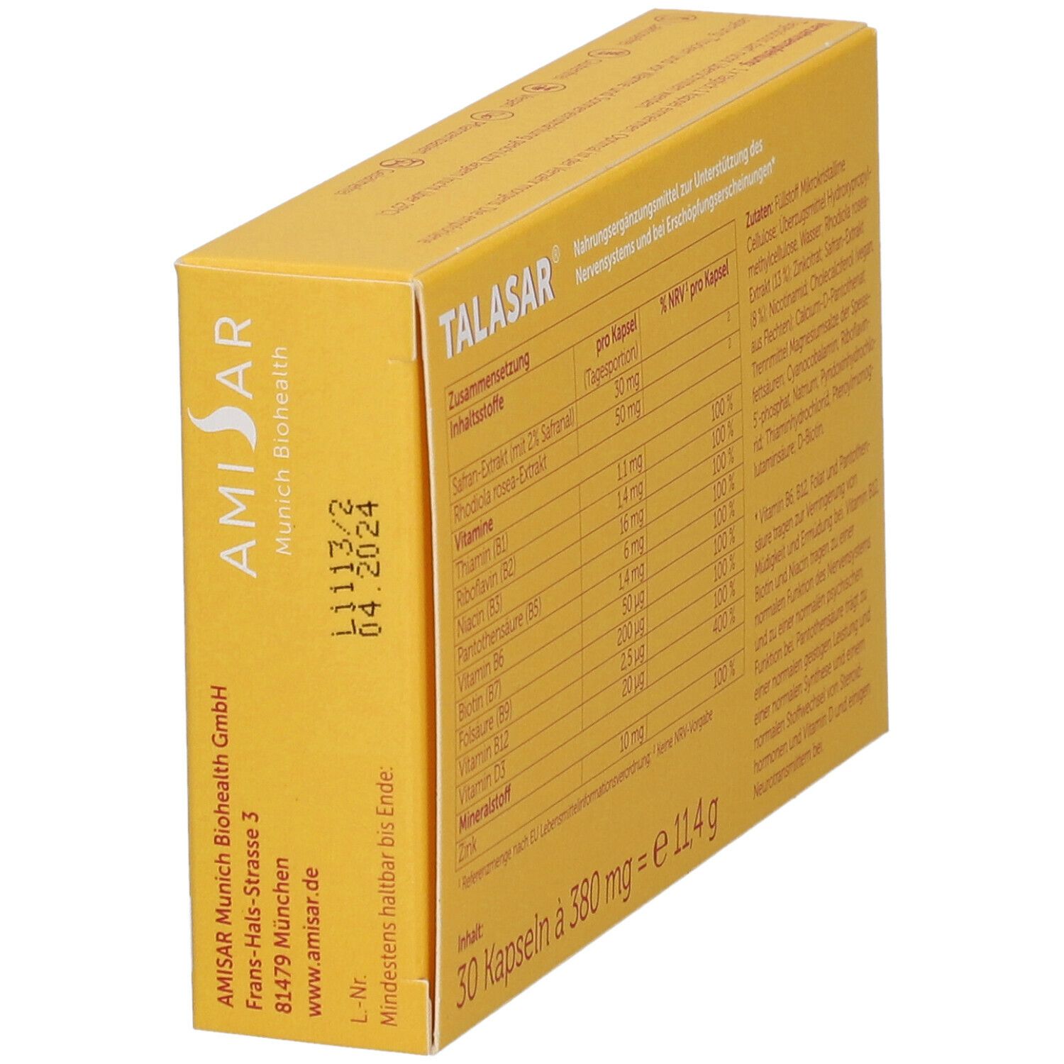 Gelbe Schachtel, Seitenansicht. TALASAR-Verpackung mit Mindesthaltbarkeitsdatum und Herstelleradresse: AMISAR Munich Biohealth GmbH.