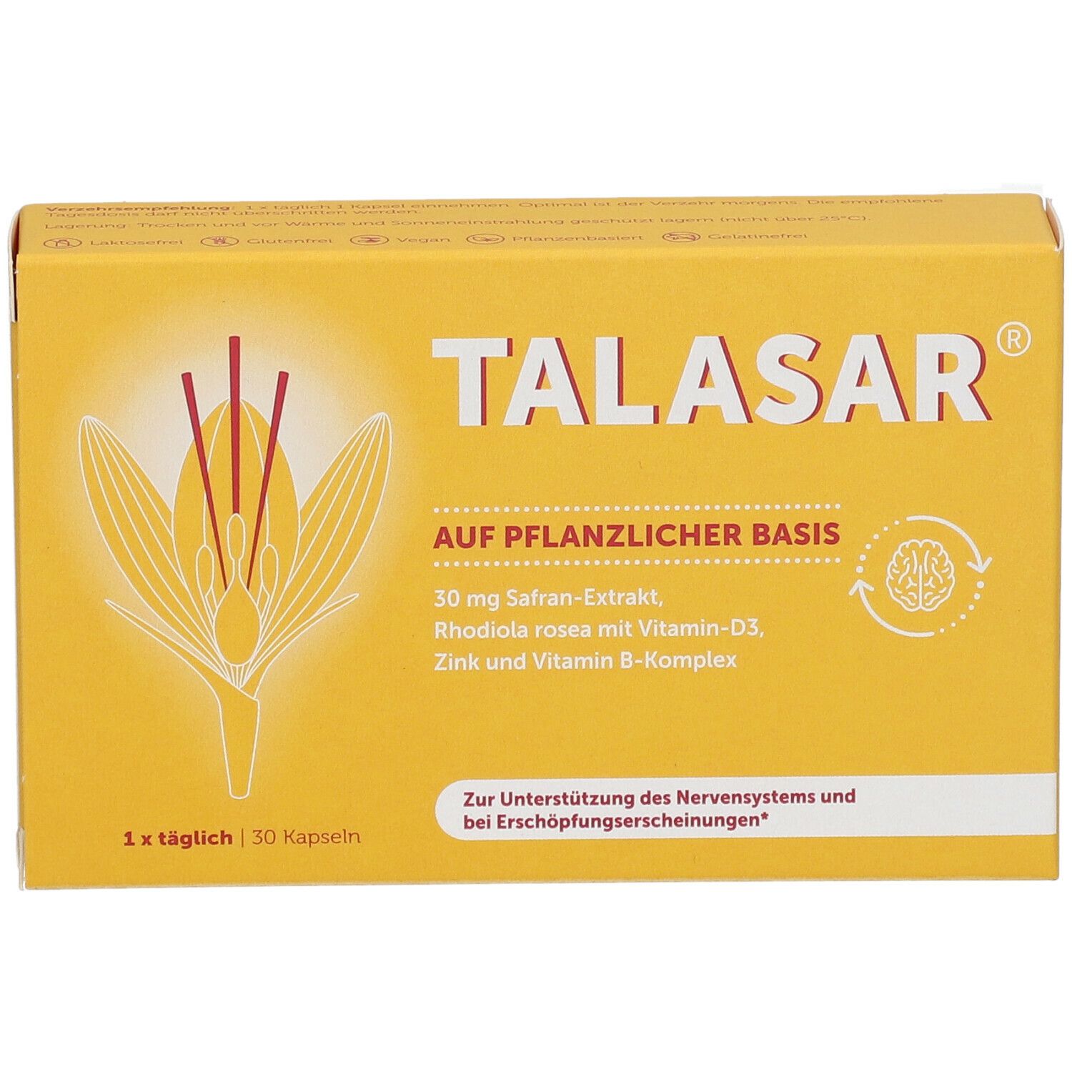 Gelbe Schachtel mit TALASAR-Logo und floraler Abbildung. Enthält 30 Kapseln. Aufschrift: Auf pflanzlicher Basis.