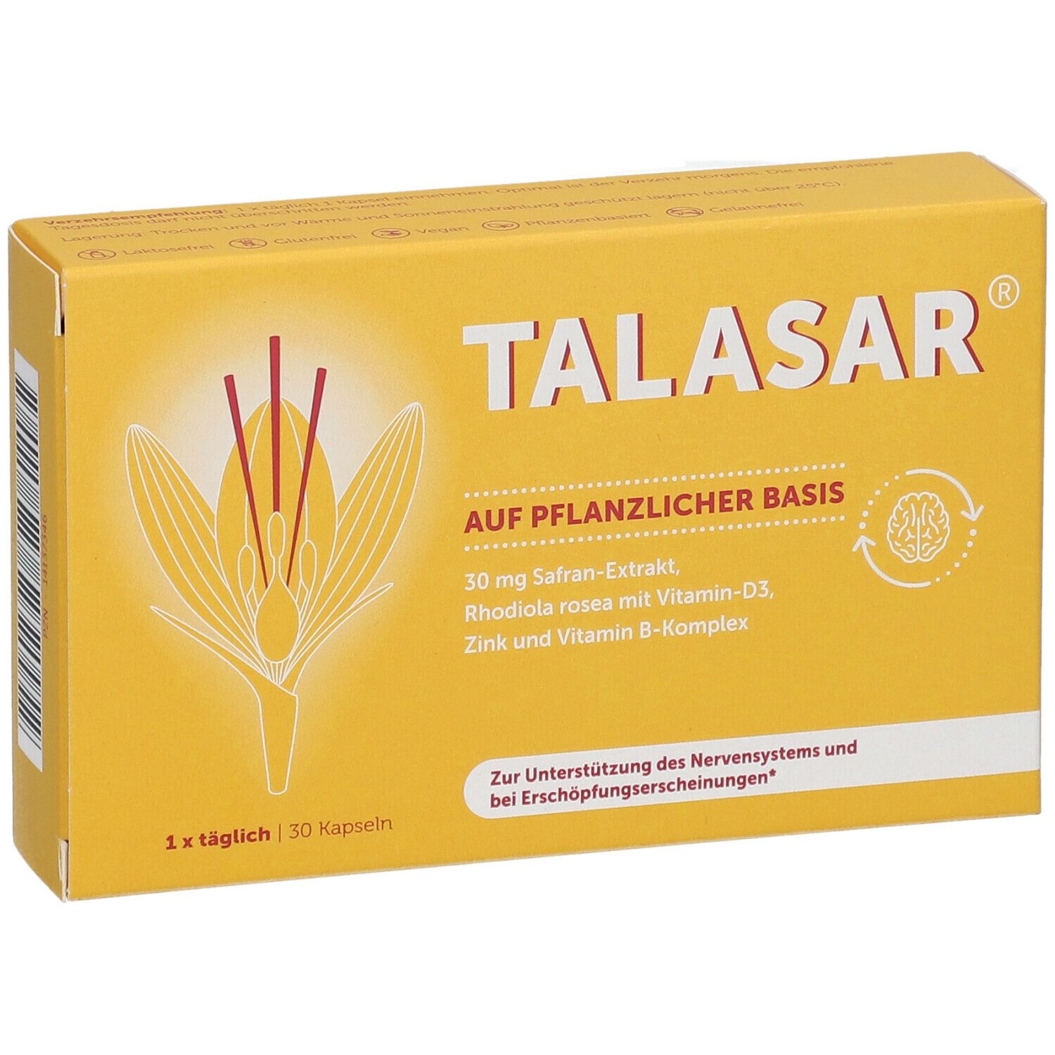 Gelbe Schachtel mit TALASAR-Logo und floraler Abbildung. Enthält 30 Kapseln. Aufschrift: Auf pflanzlicher Basis.
