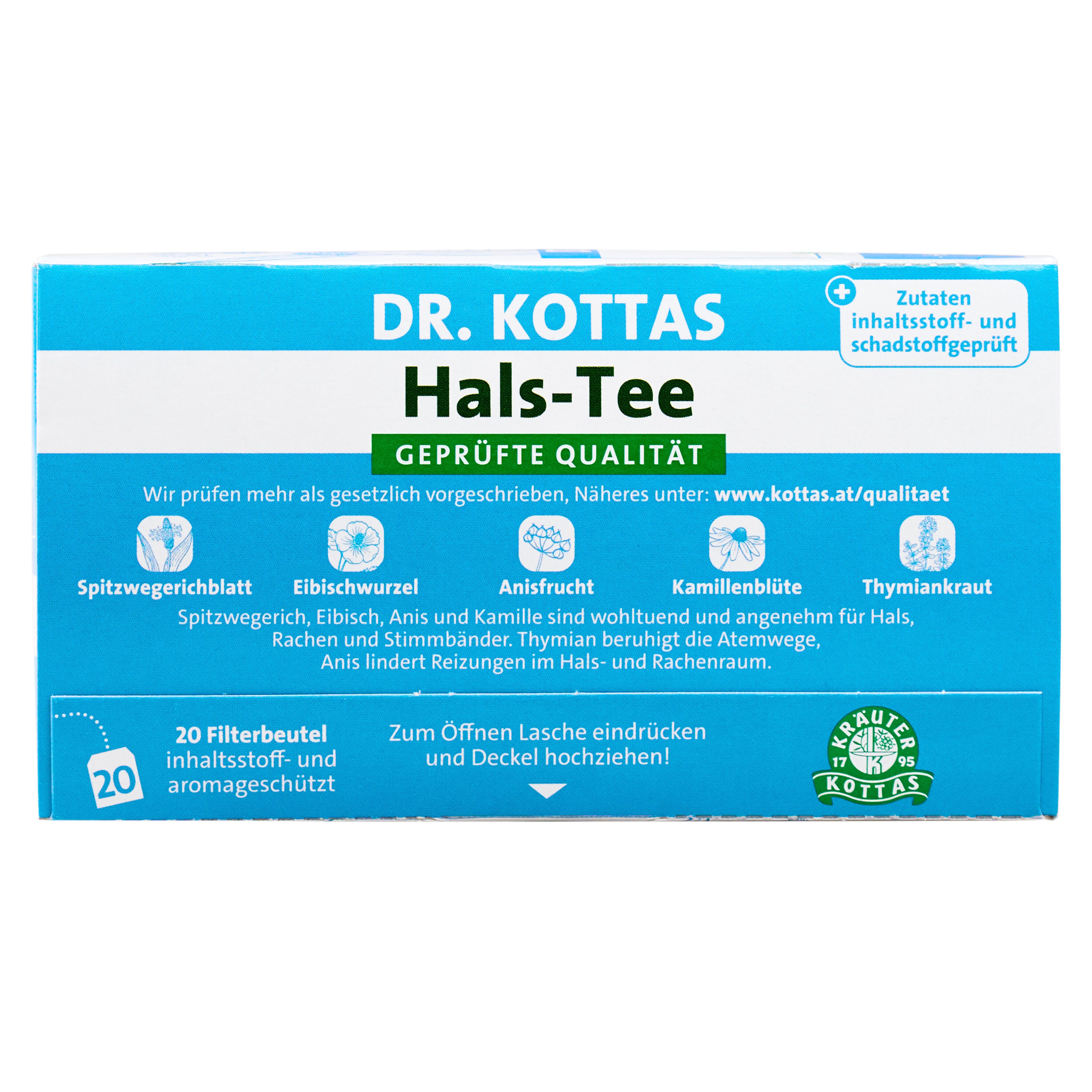 Rückseite der DR. KOTTAS Hals-Tee Packung mit Zutatenliste und 20 Filterbeuteln.