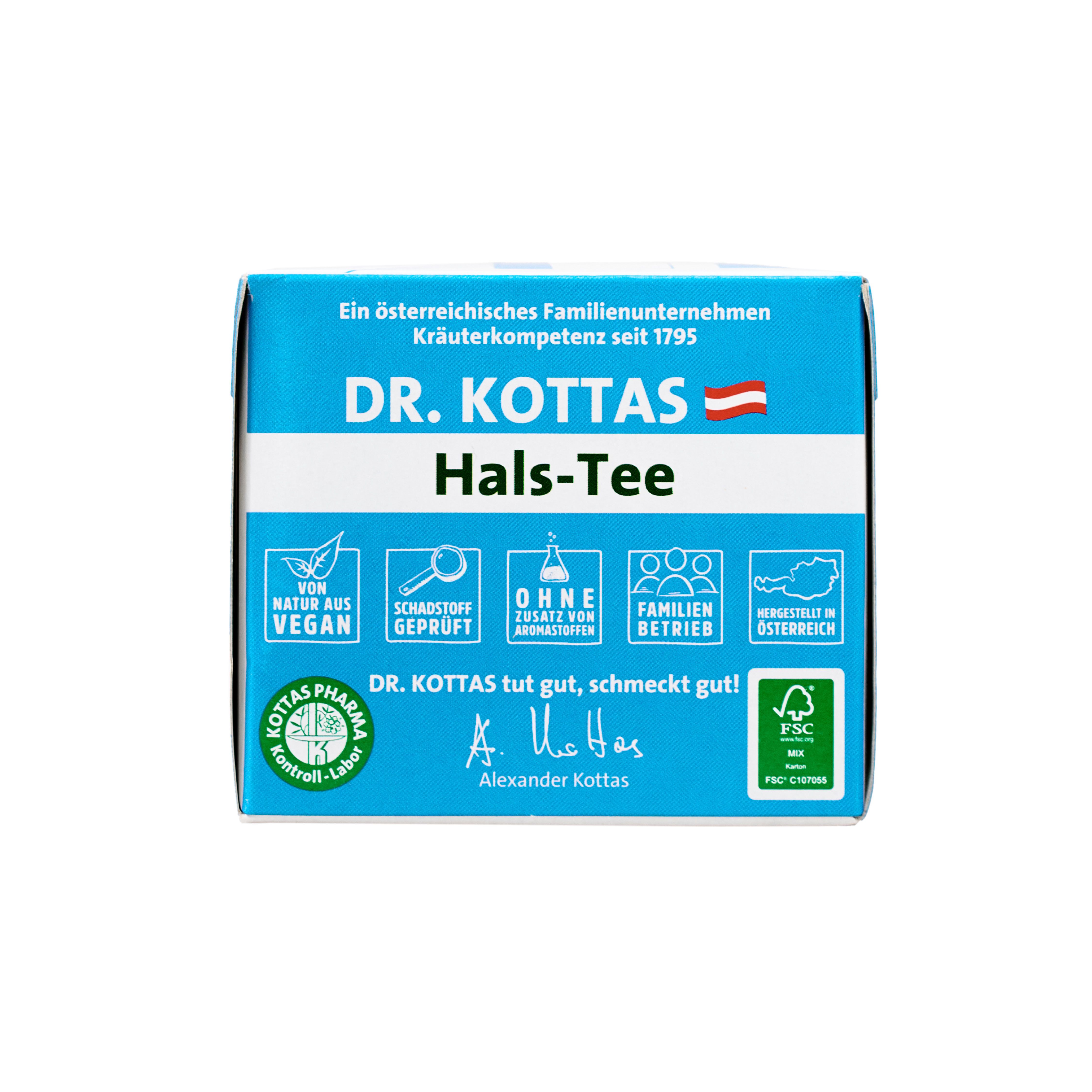 Seite der DR. KOTTAS Hals-Tee Packung mit Siegeln wie Vegan, Schadstoff geprüft und Österreich.