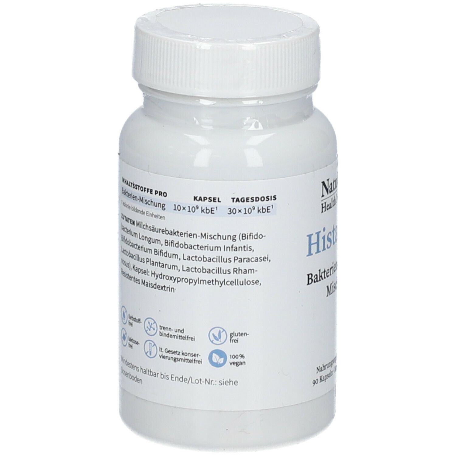 Dos du flacon. Contient les ingrédients et des informations sur les cultures bactériennes. Végétalien, sans gluten, sans lactose.