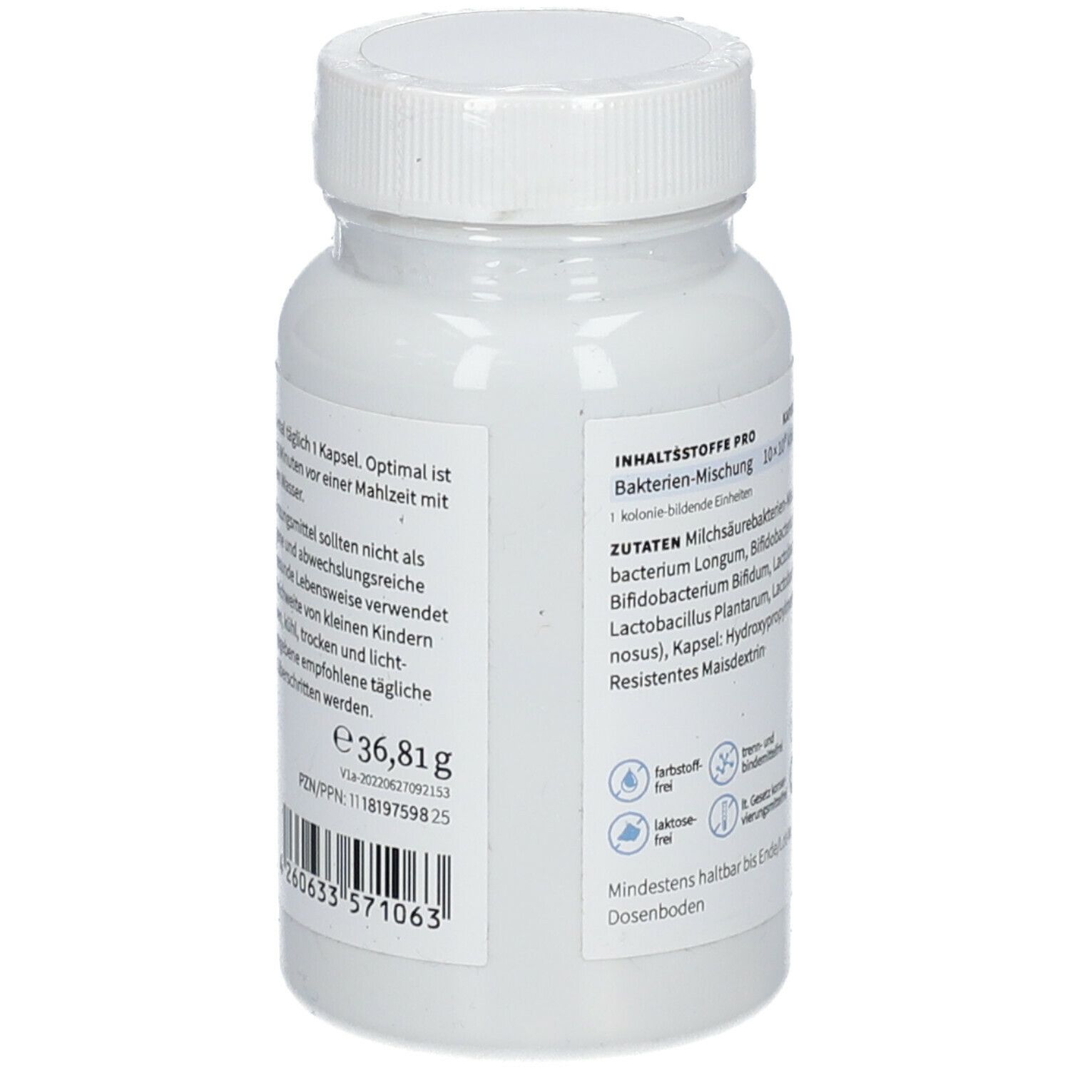 Dos du flacon avec informations sur les ingrédients et le poids. Végétalien, sans gluten, sans lactose.
