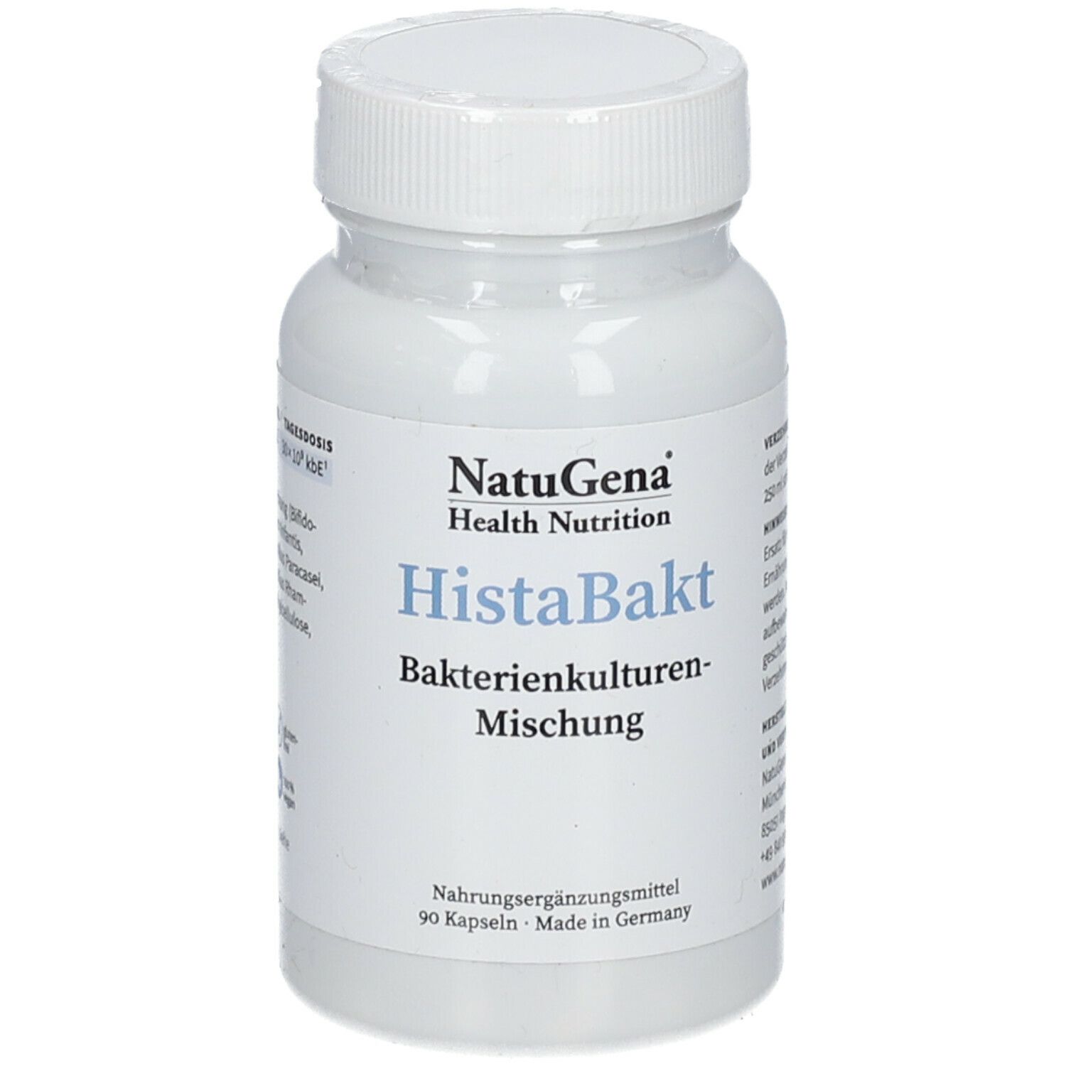 Flacon blanc de gélules. Inscription : NatuGena HistaBakt Bakterienkulturen-Mischung. 90 gélules. Fabriqué en Allemagne.