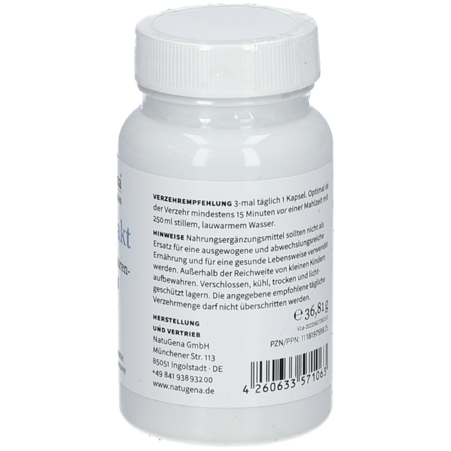 Dos du flacon avec recommandations de consommation et informations fabricant. Végétalien, sans gluten, sans lactose.