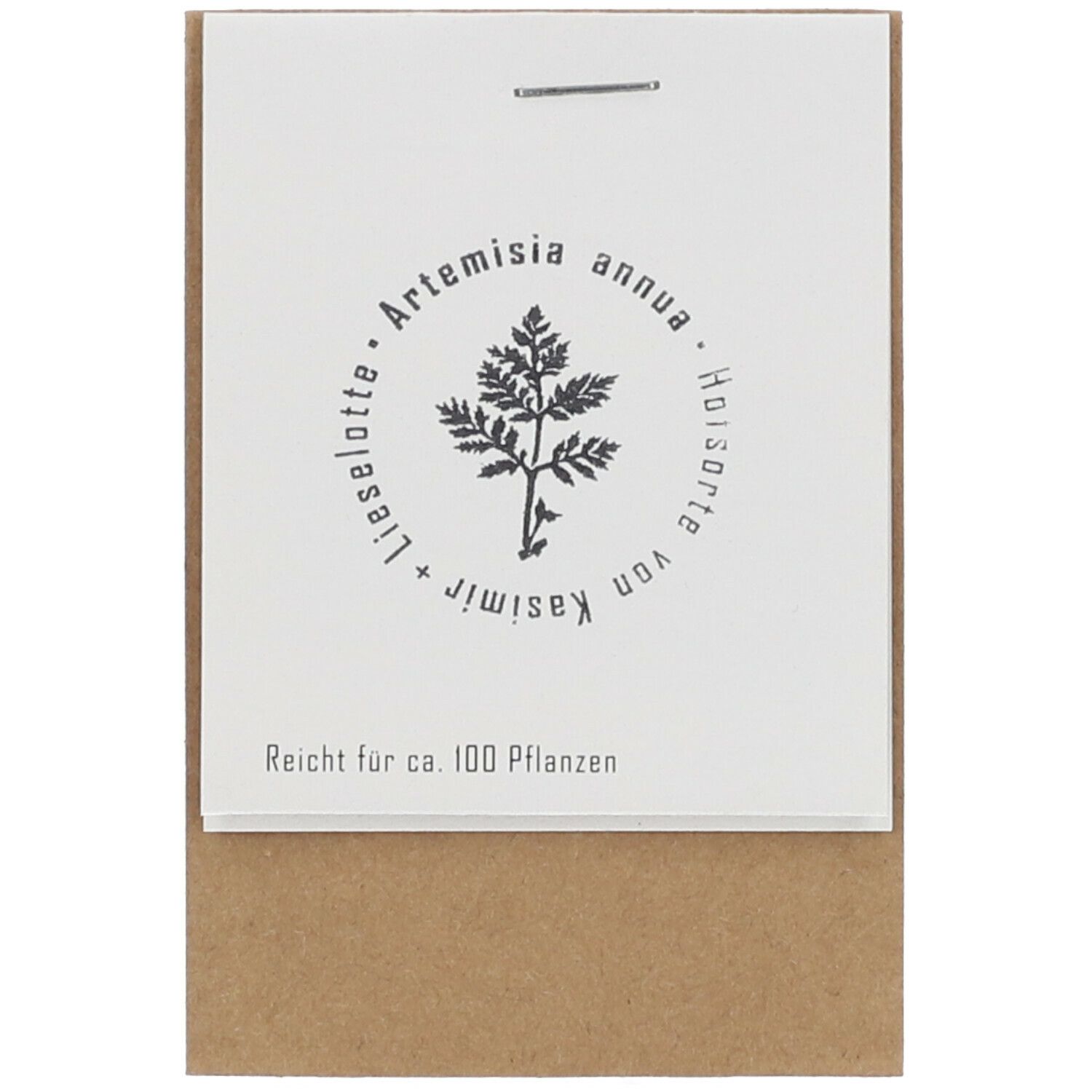 Verpackung mit weißem Etikett und Aufdruck. Text: Artemisia annua, Hoisorte von Kasimir, Lieselotte. Text: Reicht für ca. 100 Pflanzen.