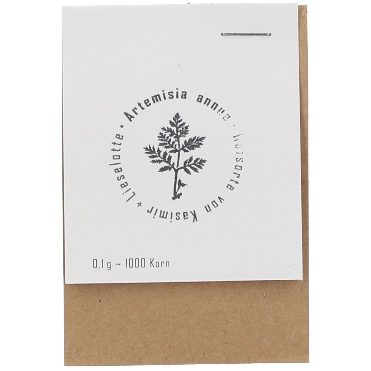 Verpackung mit Samen. Weißes Etikett mit Pflanzenabbildung und Text: Artemisia annua, LieseLotte, Kasimir, 0.1g - 1000 Korn.