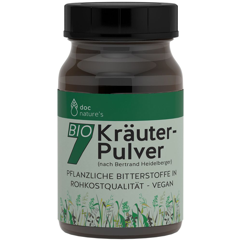 Braune Glasflasche mit schwarzem Deckel. Etikett mit grünem Streifen und Produktbezeichnung: BIO Kräuter-Pulver.