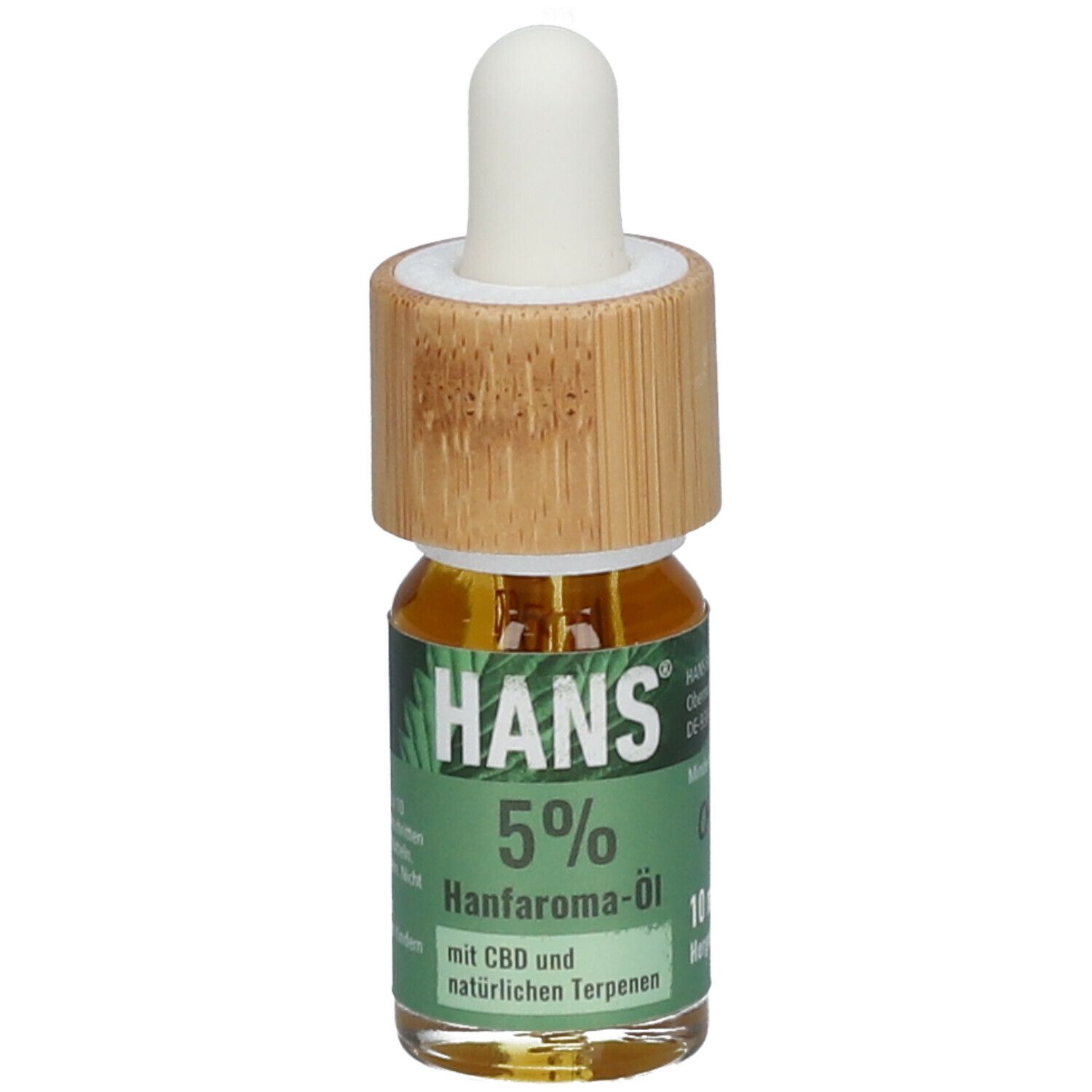 Braungelbe Flüssigkeit in einer Glasflasche mit Bambus-Deckel und Pipette. Aufkleber mit grüner Schrift: HANS 5% Hanfaroma-Öl.
