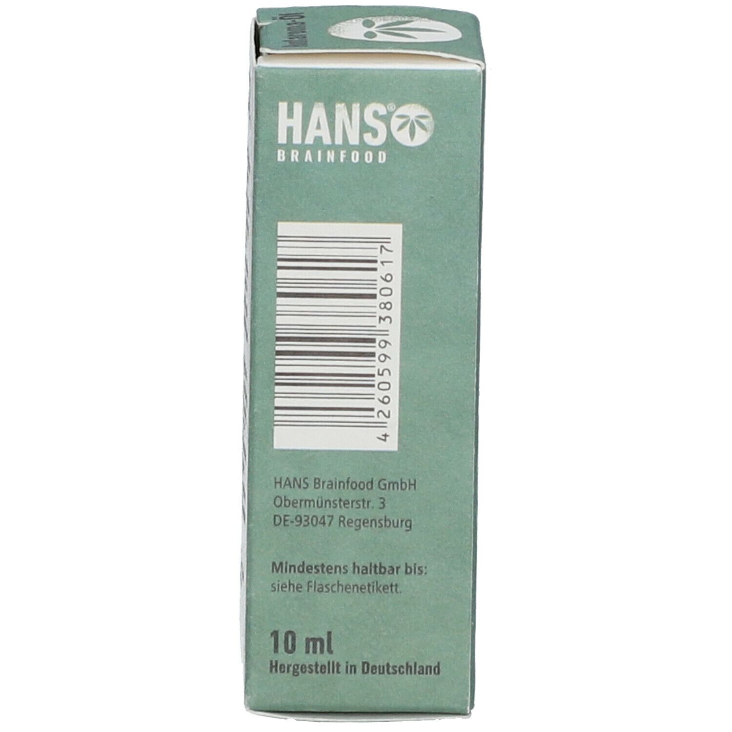 Grüne Schachtel mit Text und Barcode. Aufschrift: HANS BRAINFOOD, Mindestens haltbar bis: siehe Flaschenetikett.