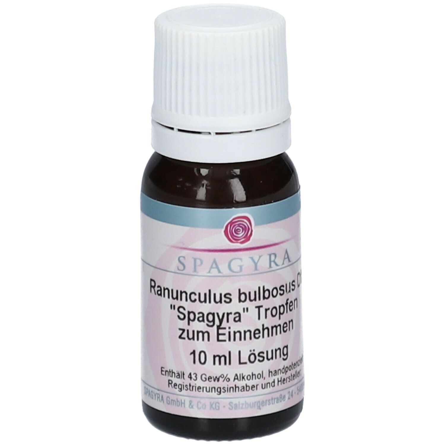 Braune Glasflasche mit weißem Schraubverschluss. Etikett mit Produktnamen, Inhaltsangabe und Herstellerinformationen.