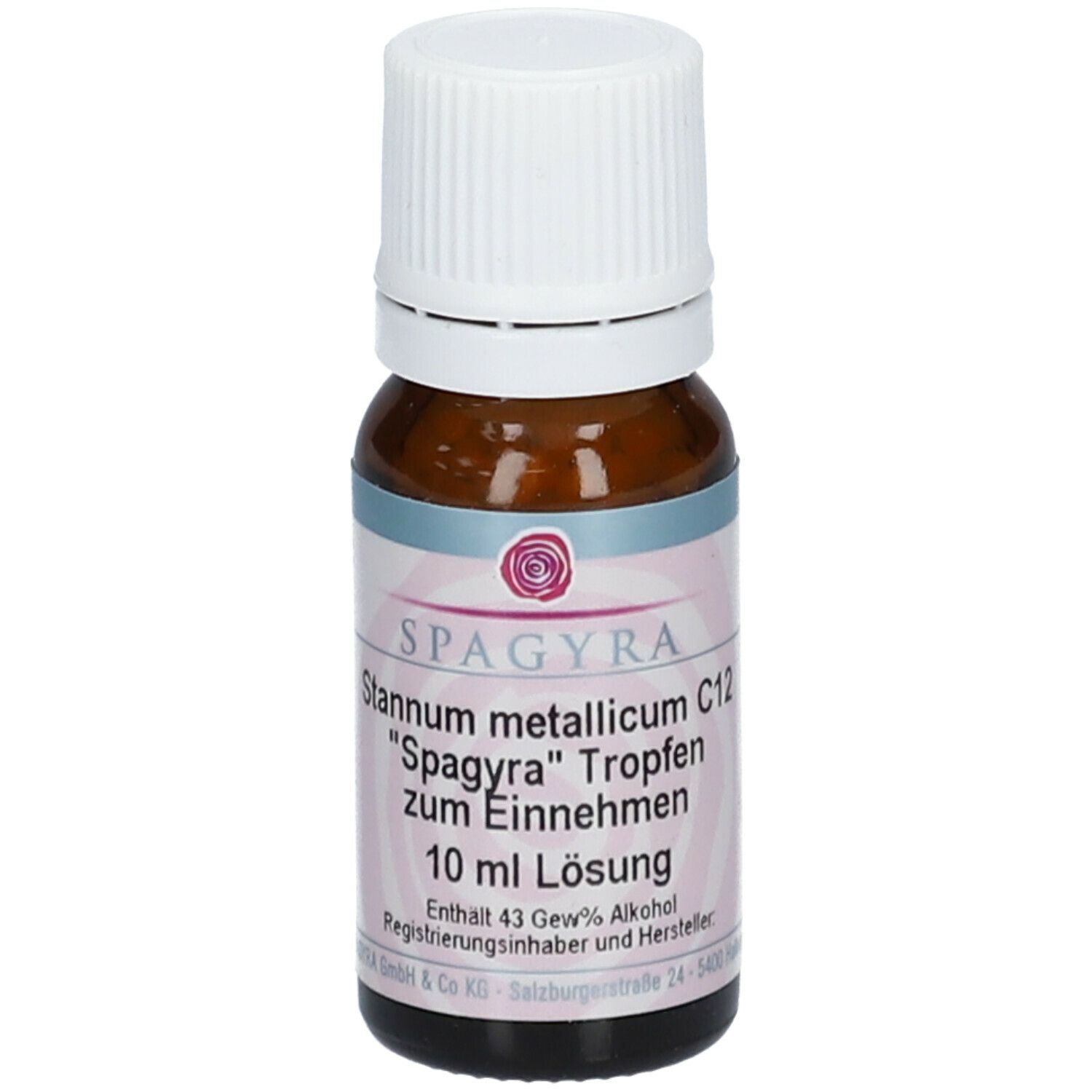 Braune Glasflasche mit weißem Deckel. Beschriftung: SPAGYRA Stannum metallicum C12, 10 ml Lösung.