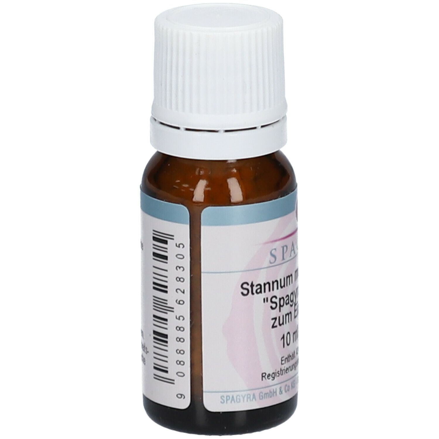 Braune Glasflasche mit weißem Deckel. Barcode und Beschriftung: SPAGYRA Stannum metallicum C12, 10 ml.
